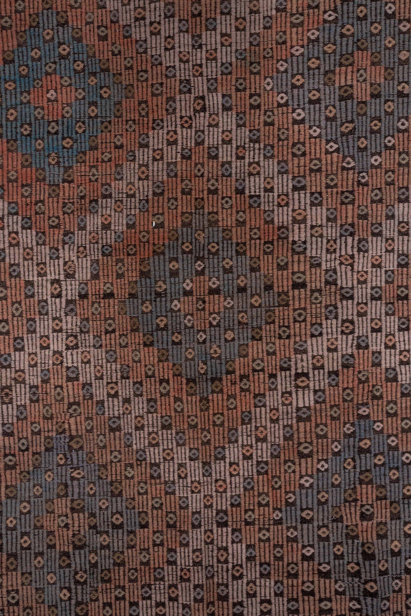 6' x 11' one-of-a-kind handmade vintage Jijim large size rug. Color palette: brown, rust, slate, ivory, charcoal, blue