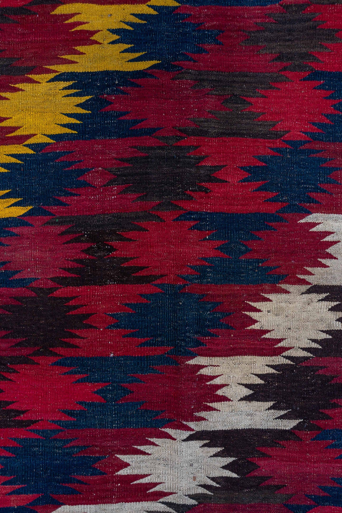 6' x 9' one-of-a-kind handmade vintage Kilim medium size rug. Color palette: red, navy, dark_brown, ivory, gold, blue, brown