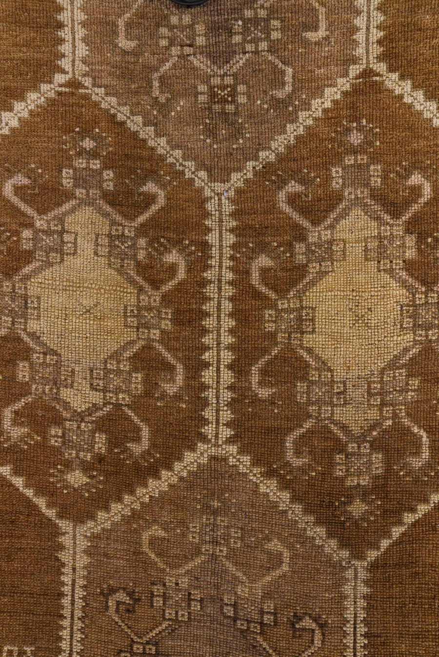 4' x 12' one-of-a-kind handmade vintage Kars runner rug. Color palette: brown, taupe, camel, ivory, beige, gray