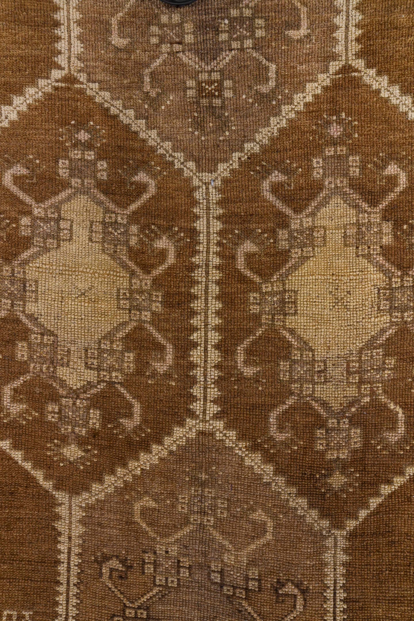 4' x 12' one-of-a-kind handmade vintage Kars runner rug. Color palette: brown, taupe, camel, ivory, beige, gray