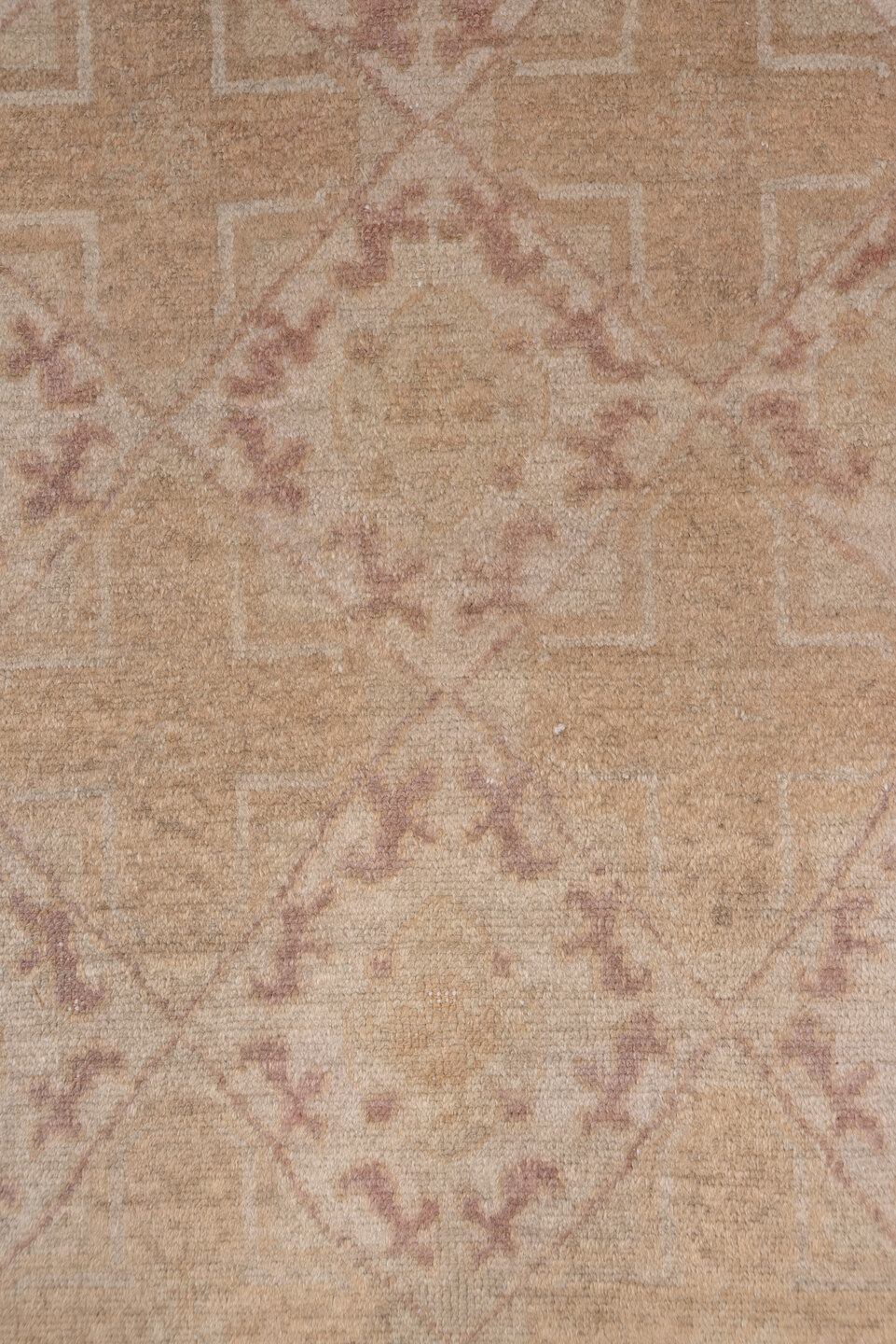 4' x 8' one-of-a-kind handmade vintage Oushak rug. Color palette: beige, taupe, blush, dusty rose, ivory, gray, pink