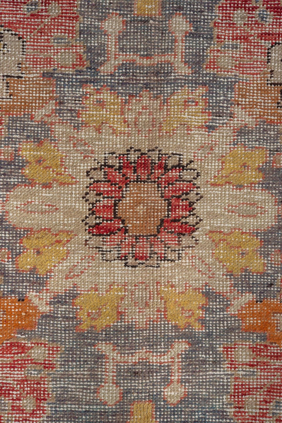 9' x 14' one-of-a-kind handmade vintage Oushak large size rug. Color palette: red, ivory, slate, gold, rust, peach, taupe
