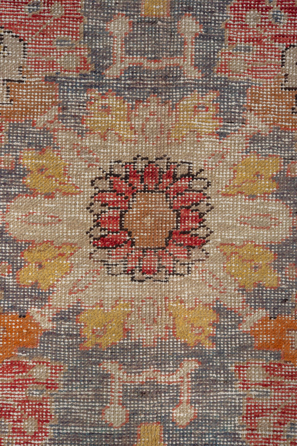 9' x 14' one-of-a-kind handmade vintage Oushak large size rug. Color palette: red, ivory, slate, gold, rust, peach, taupe