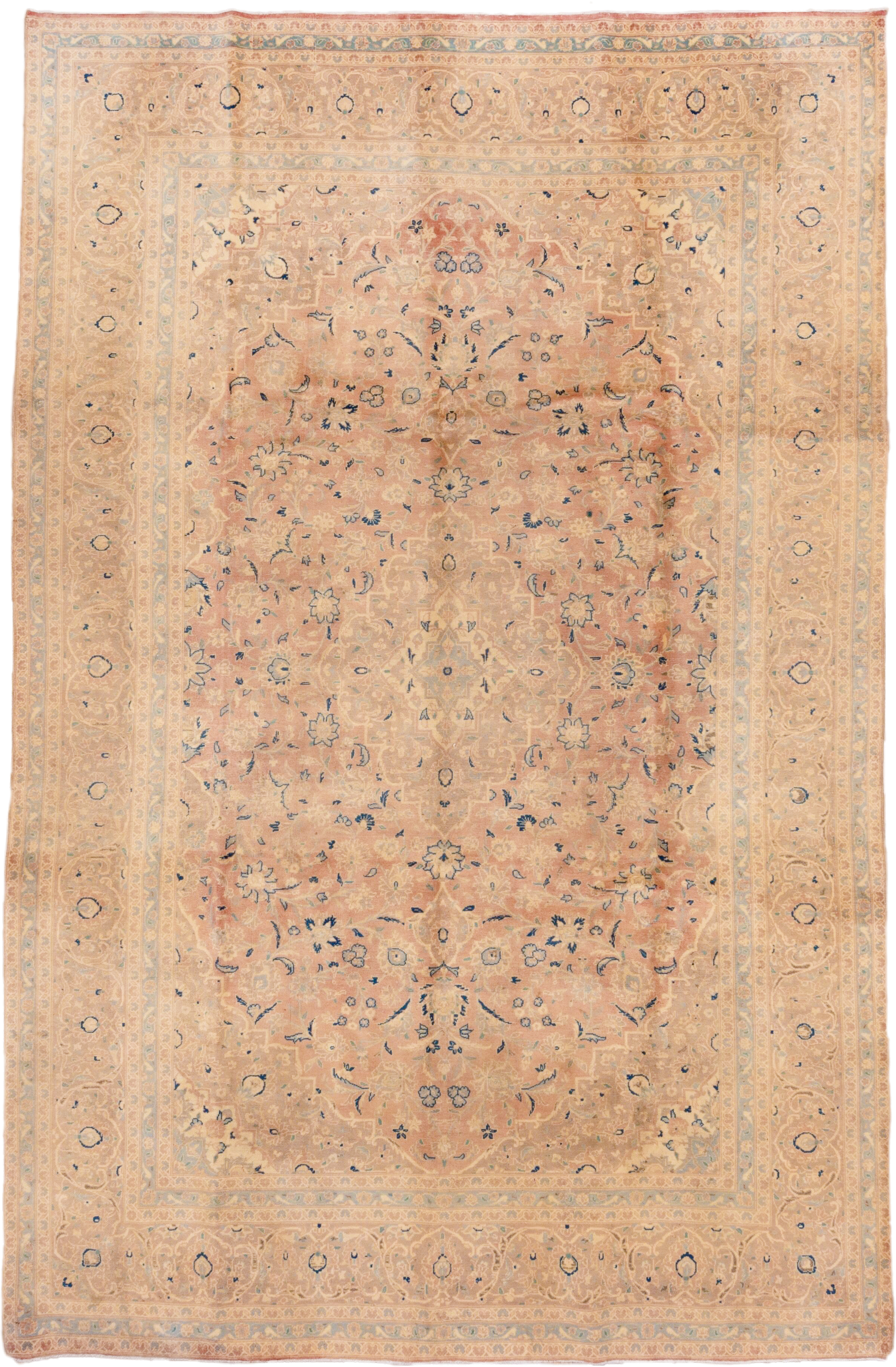 8' x 12' one-of-a-kind handmade vintage Kashan large size rug. Color palette: blush, peach, ivory, camel, powder_blue, taupe