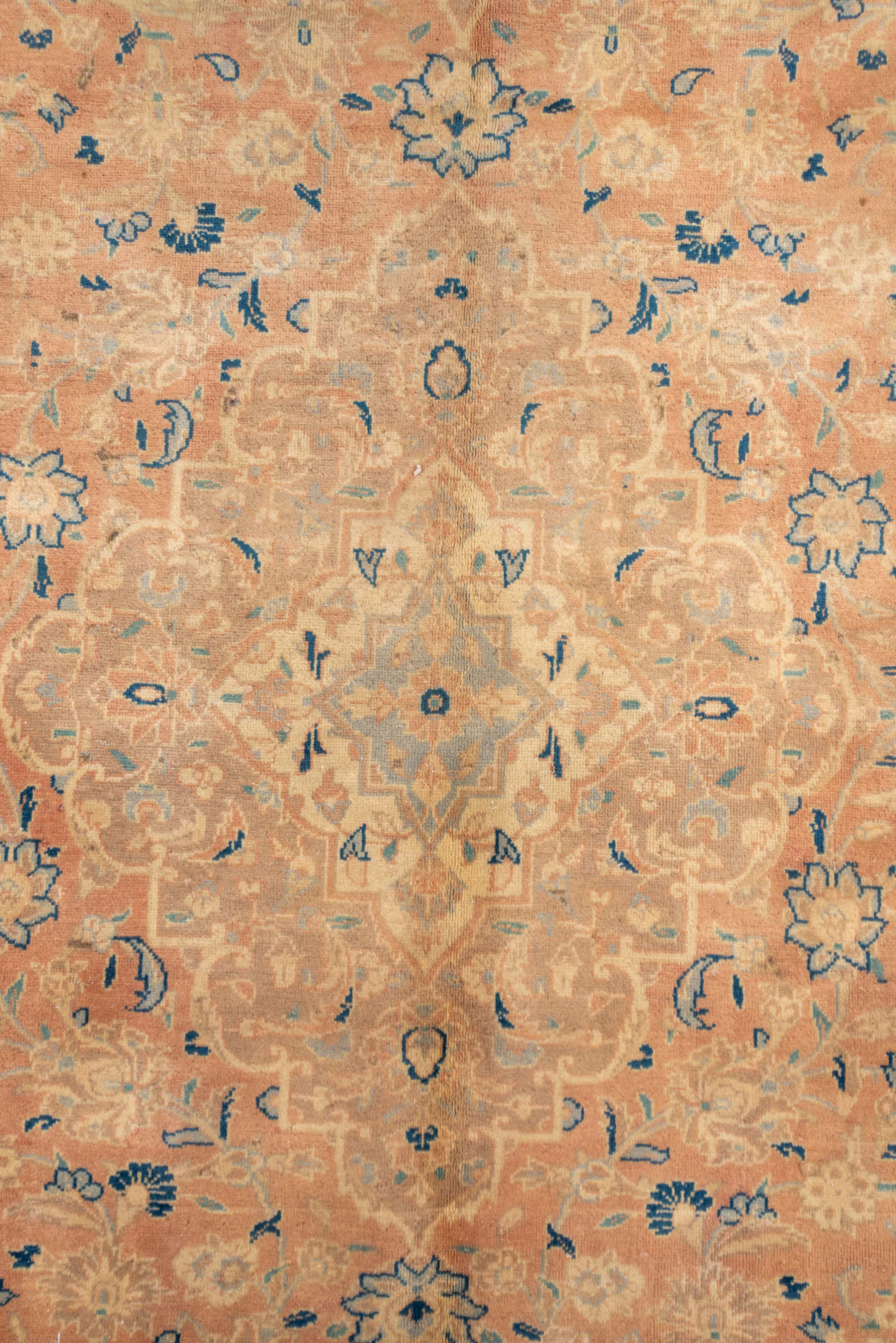 8' x 12' one-of-a-kind handmade vintage Kashan large size rug. Color palette: blush, peach, ivory, camel, powder_blue, taupe