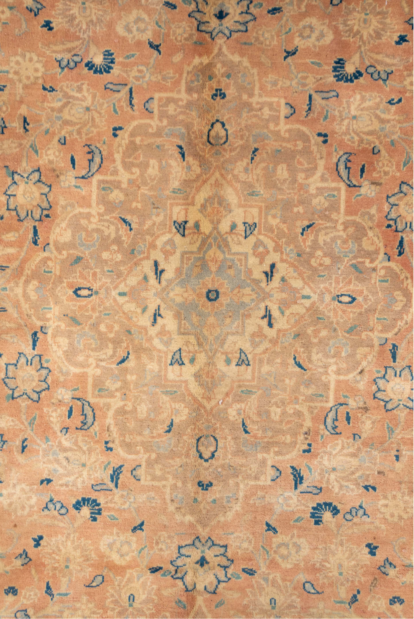 8' x 12' one-of-a-kind handmade vintage Kashan large size rug. Color palette: bisque, brown, gray, linen, off-white, orange