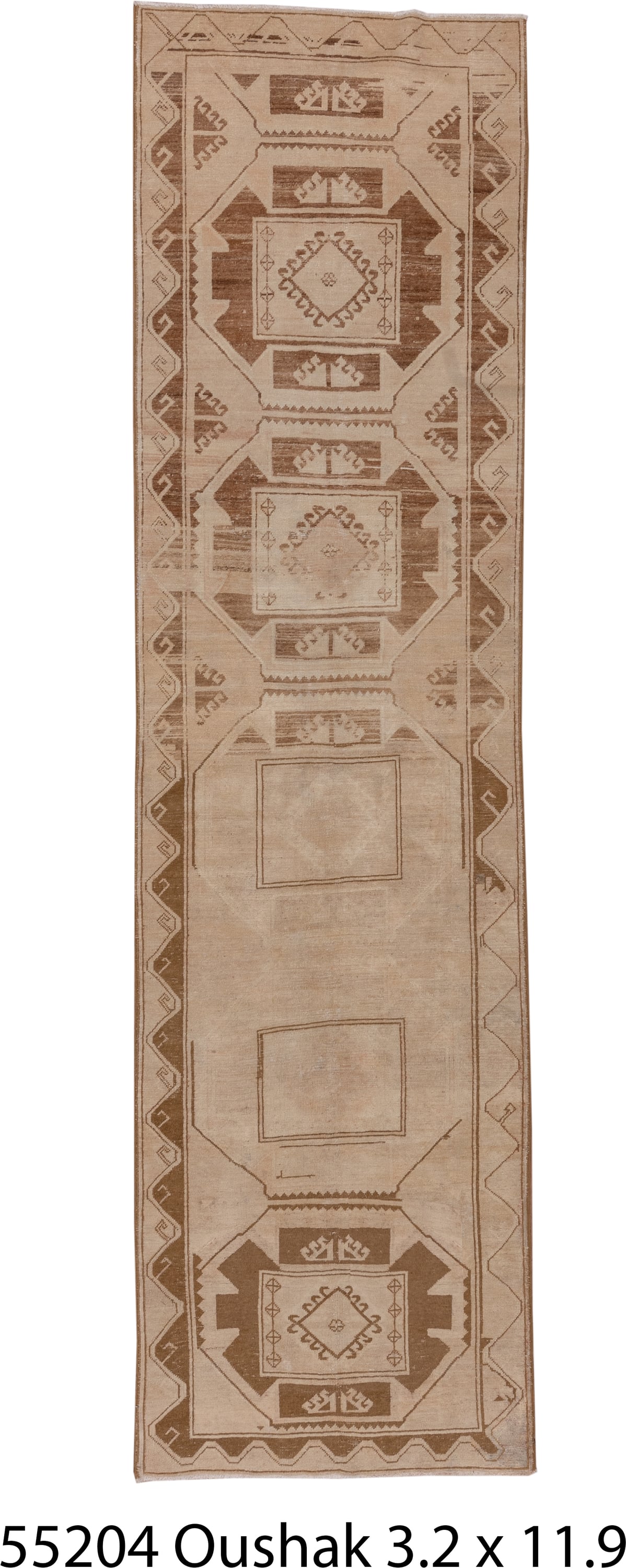 3' x 11' one-of-a-kind handmade vintage Oushak runner rug. Color palette: beige, camel, taupe, sand, brown, ivory, gray