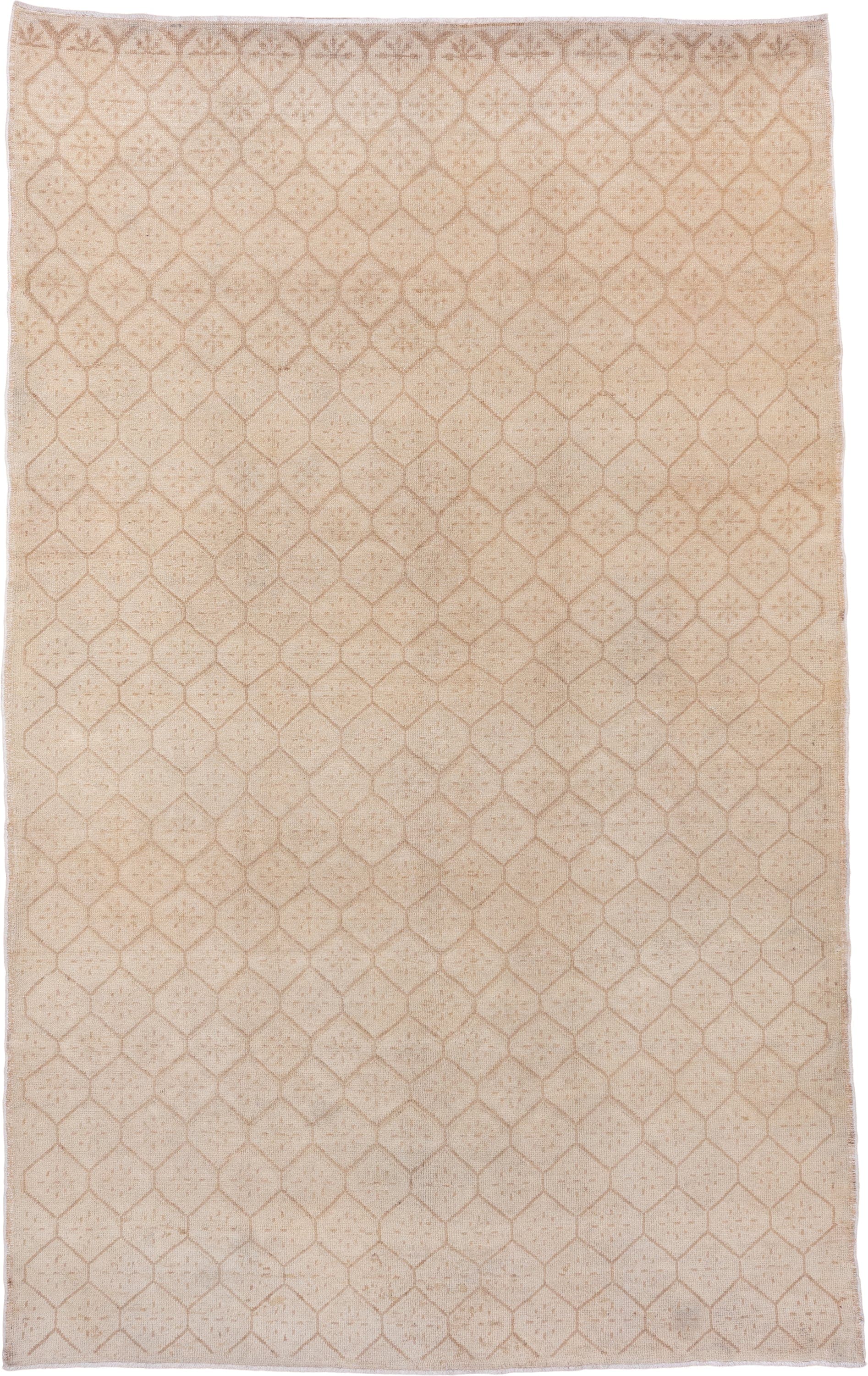 6' x 9' one-of-a-kind handmade vintage Oushak medium size rug. Color palette: ivory, beige, taupe, sand, gray