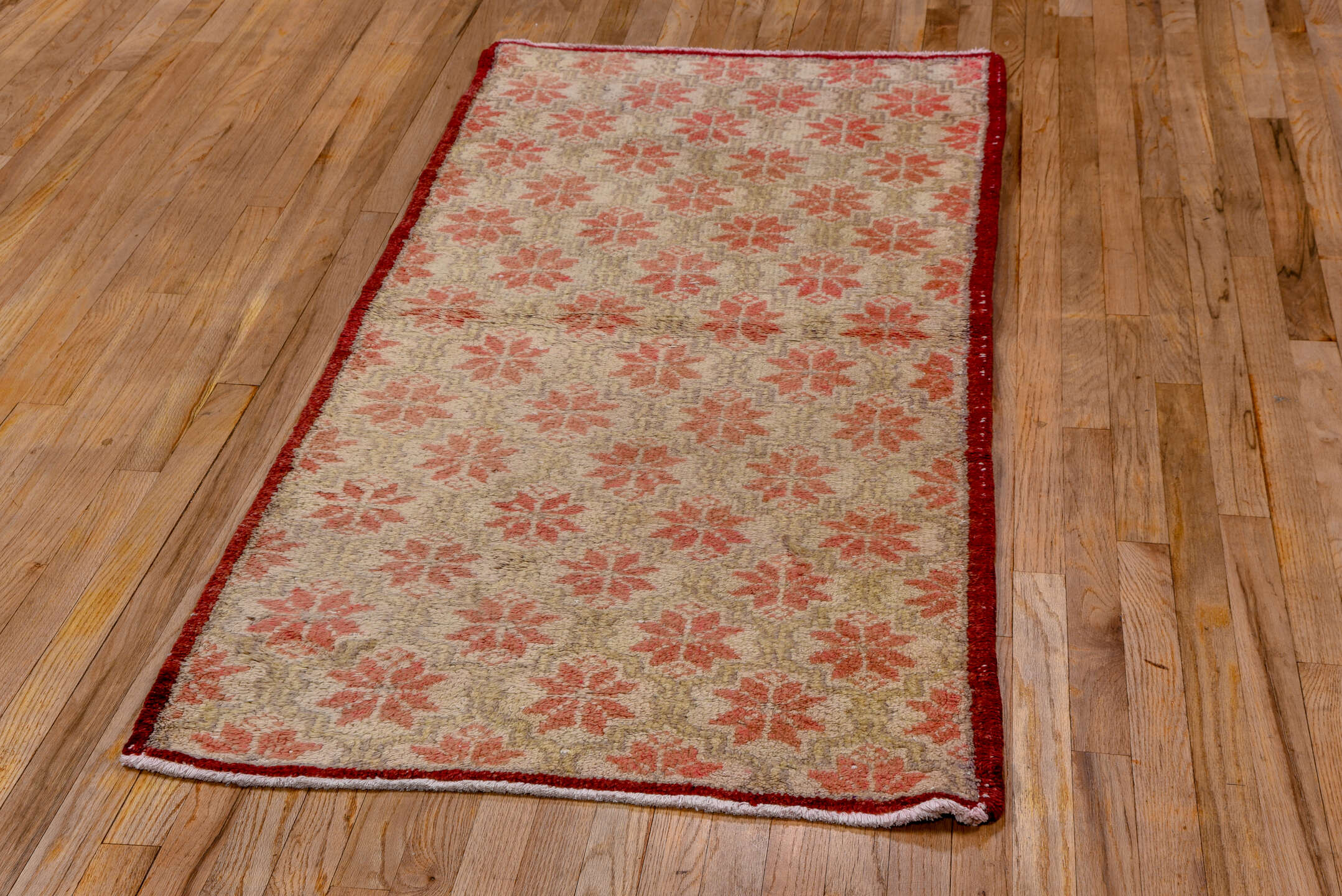 2' x 6' one-of-a-kind handmade vintage Oushak runner rug. Color palette: brown, off-white, orange, pink, red, snow, white