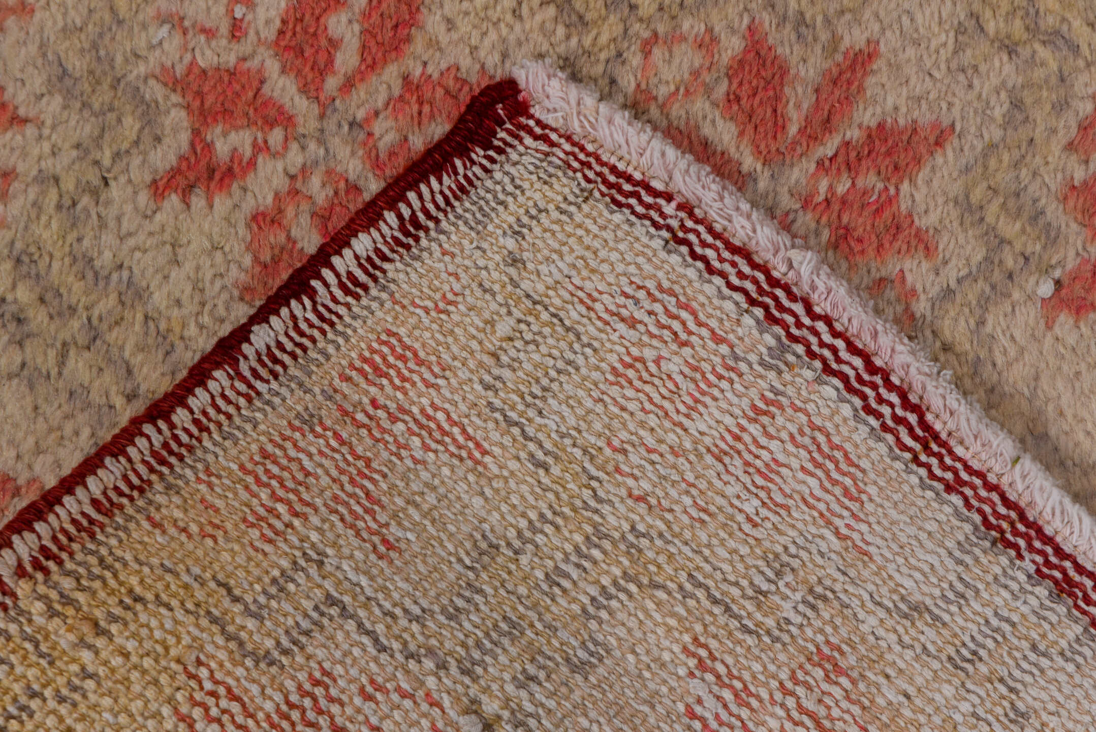 2' x 6' one-of-a-kind handmade vintage Oushak runner rug. Color palette: brown, off-white, orange, pink, red, snow, white