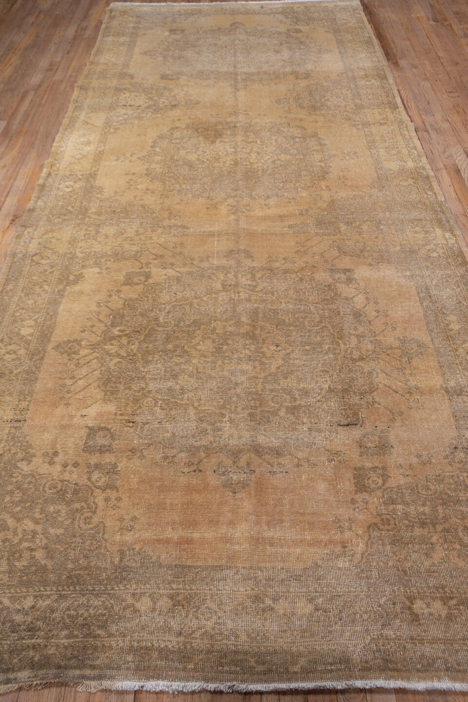 5' x 14' one-of-a-kind handmade vintage Oushak rug. Color palette: brown, gray, light gray, off-white, orange, pink, snow