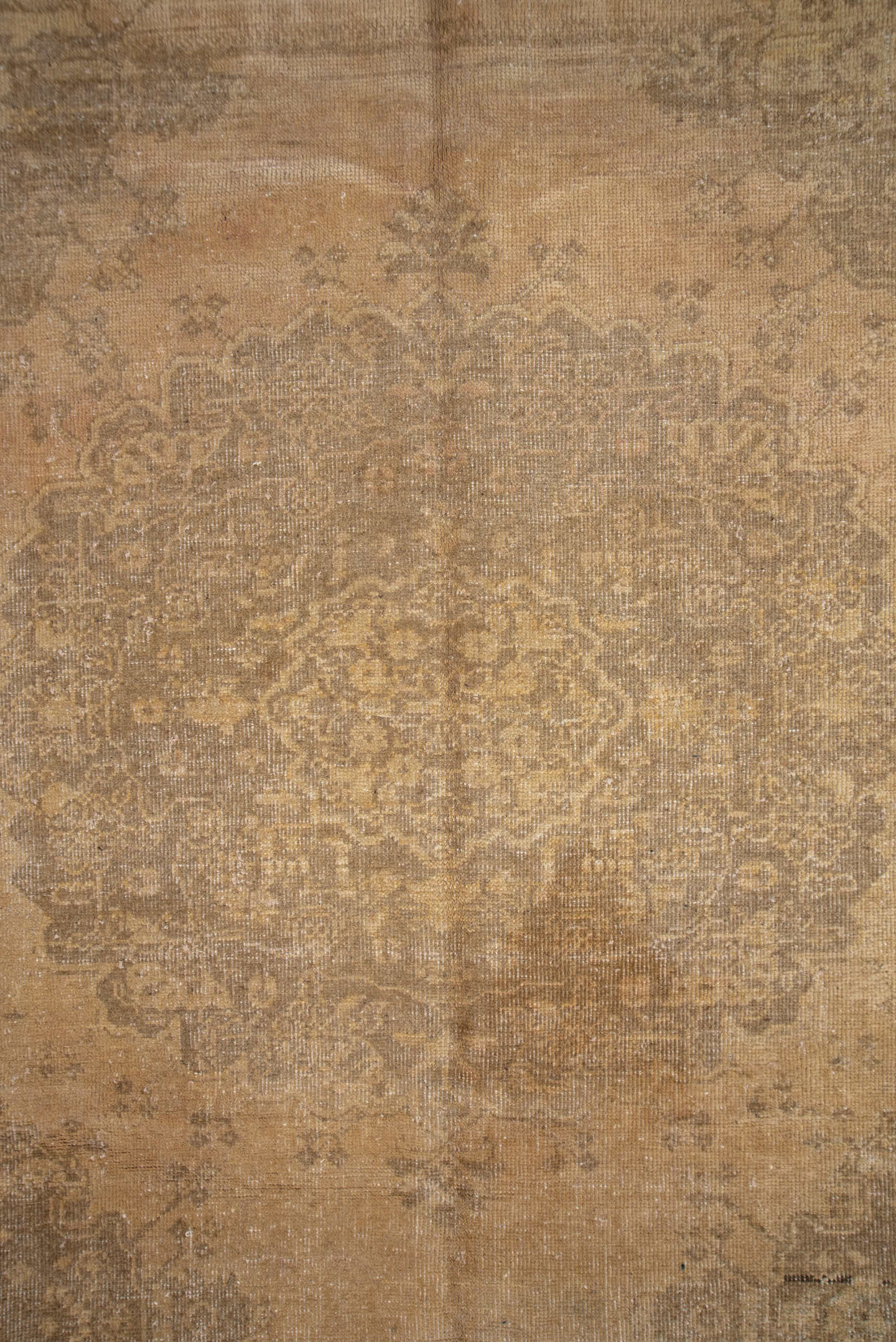 5' x 14' one-of-a-kind handmade vintage Oushak rug. Color palette: taupe, beige, sand, ivory, camel, greige, gray