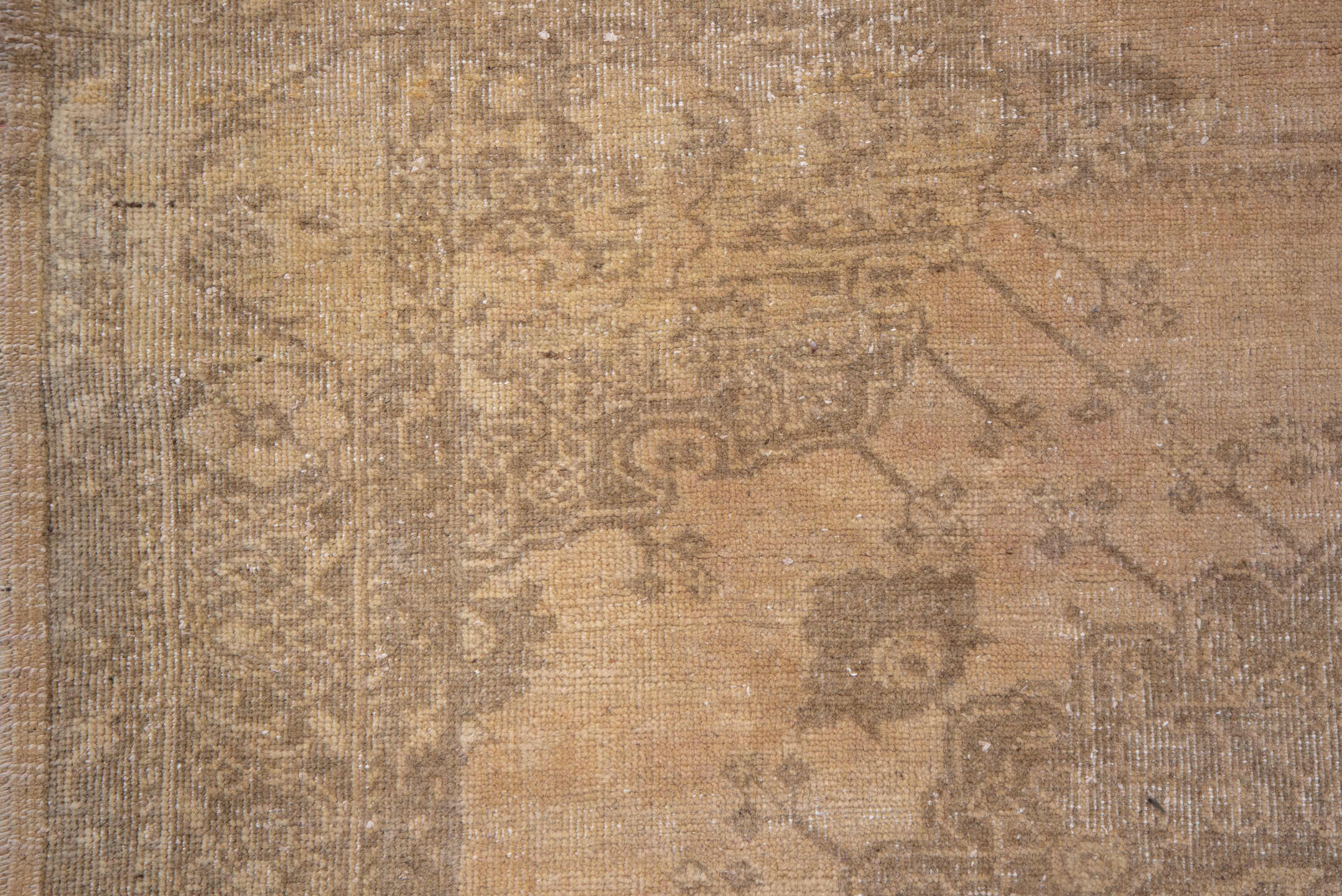 5' x 14' one-of-a-kind handmade vintage Oushak rug. Color palette: brown, gray, light gray, off-white, orange, pink, snow