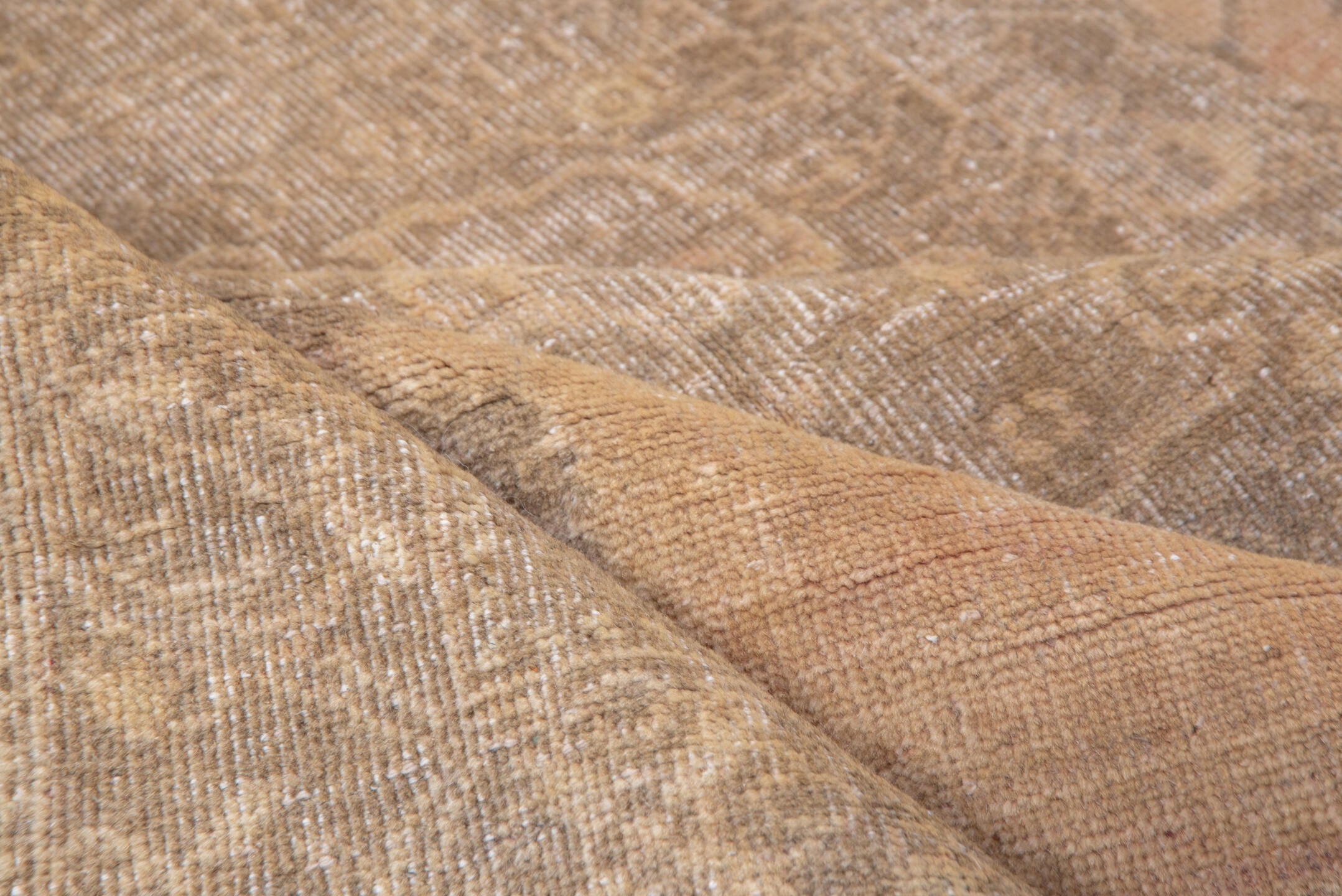 5' x 14' one-of-a-kind handmade vintage Oushak rug. Color palette: brown, gray, light gray, off-white, orange, pink, snow