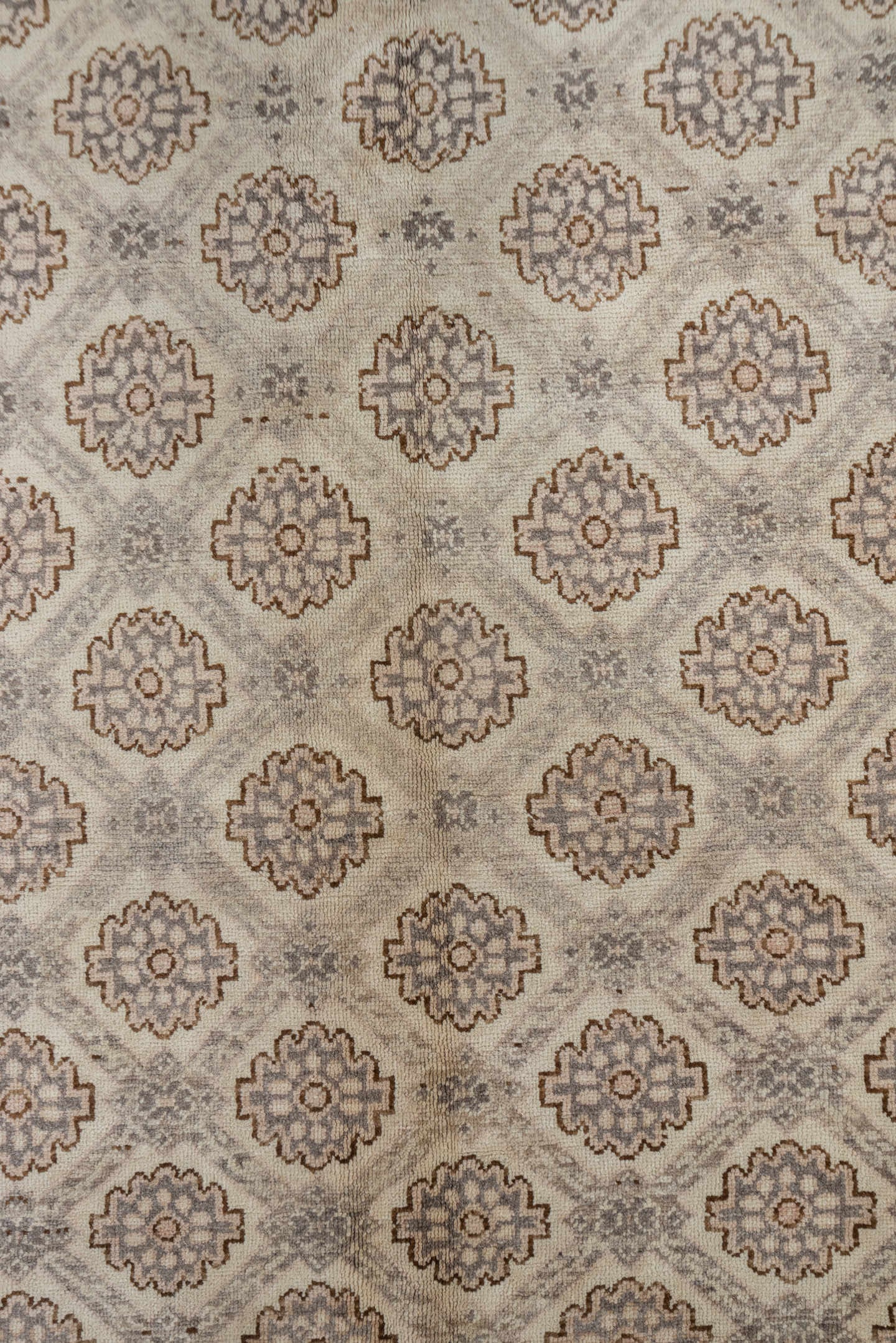 5' x 10' one-of-a-kind handmade vintage Konya medium size rug. Color palette: beige, taupe, brown, ivory, camel, charcoal