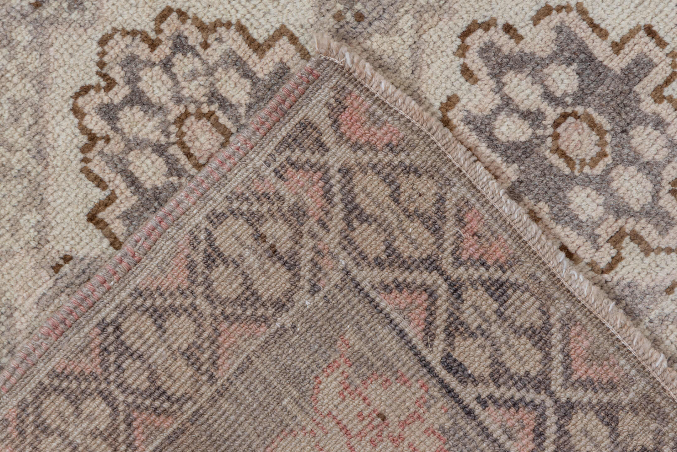 5' x 10' one-of-a-kind handmade vintage Konya medium size rug. Color palette: beige, taupe, brown, ivory, camel, charcoal