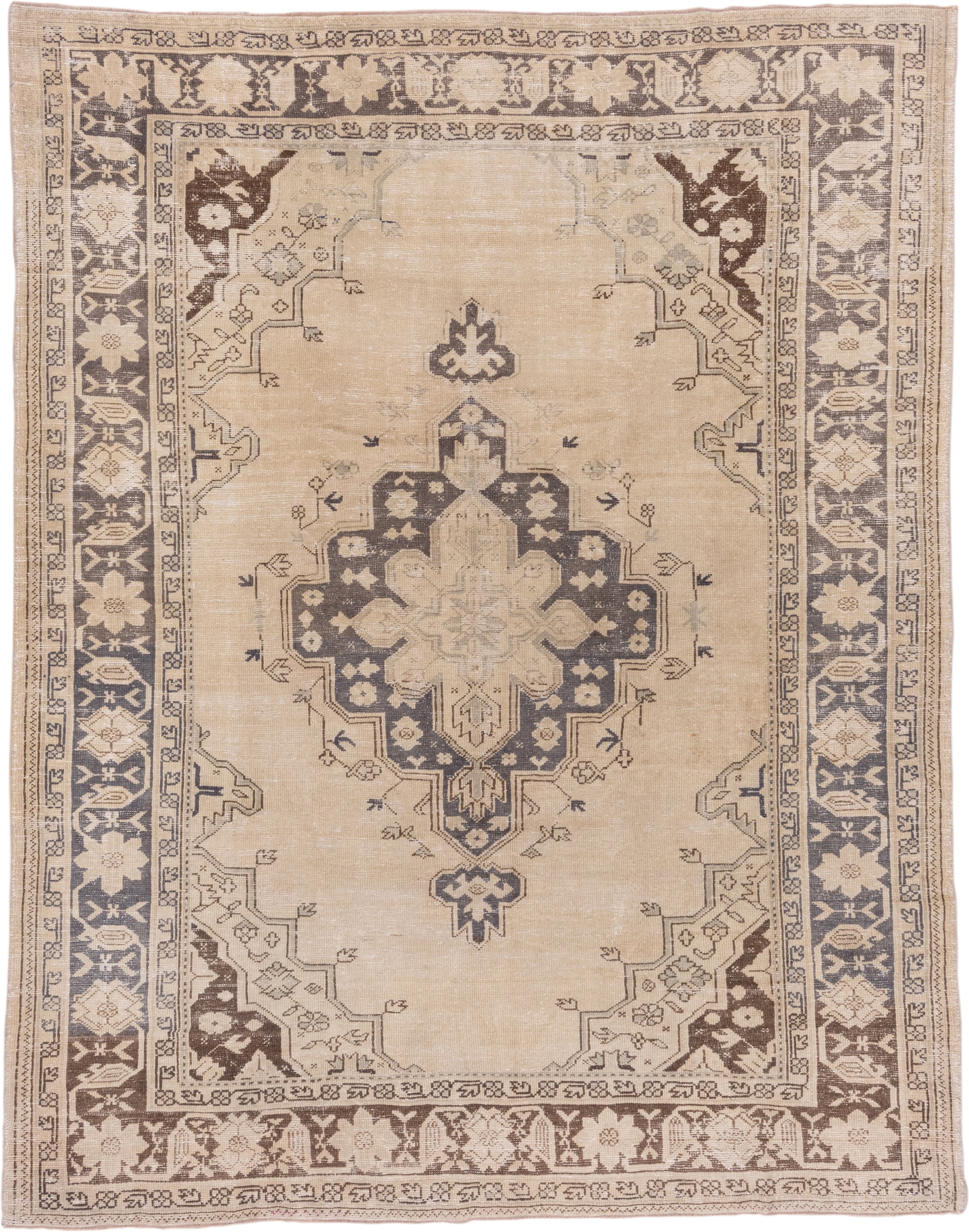 7' x 10' one-of-a-kind handmade vintage Oushak large size rug. Color palette: ivory, taupe, brown, beige, camel, charcoal