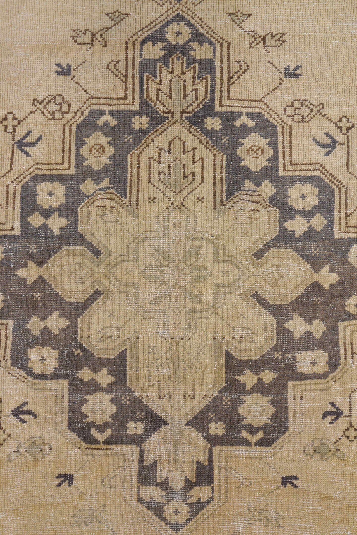 7' x 10' one-of-a-kind handmade vintage Oushak large size rug. Color palette: ivory, taupe, brown, beige, camel, charcoal