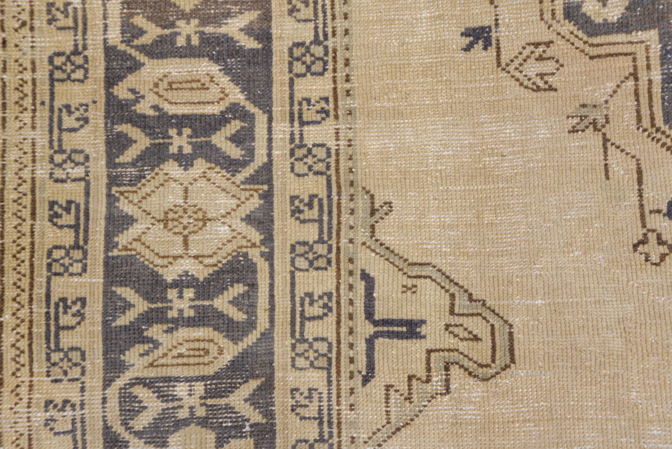 7' x 10' one-of-a-kind handmade vintage Oushak large size rug. Color palette: ivory, taupe, brown, beige, camel, charcoal