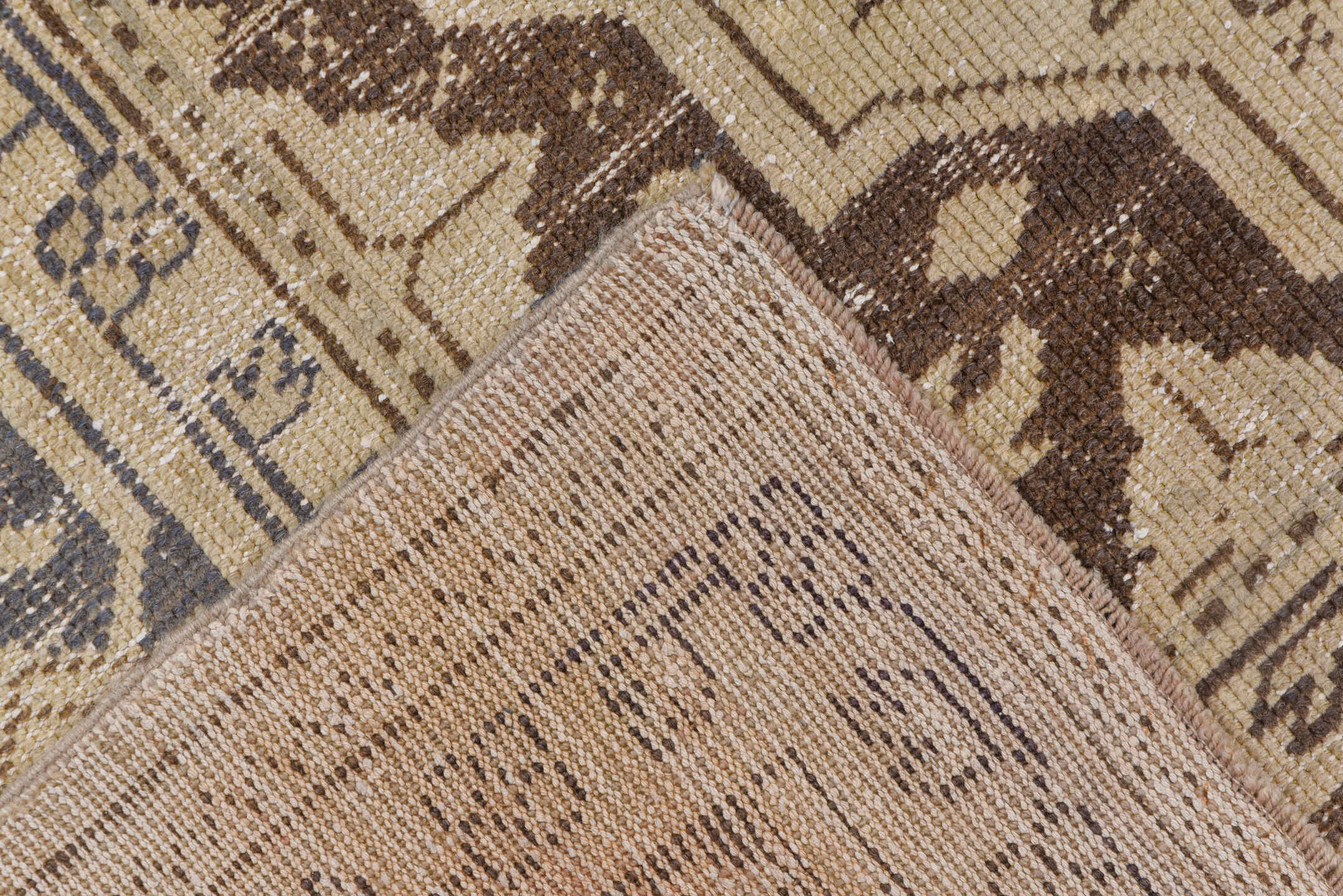 7' x 10' one-of-a-kind handmade vintage Oushak large size rug. Color palette: ivory, taupe, brown, beige, camel, charcoal