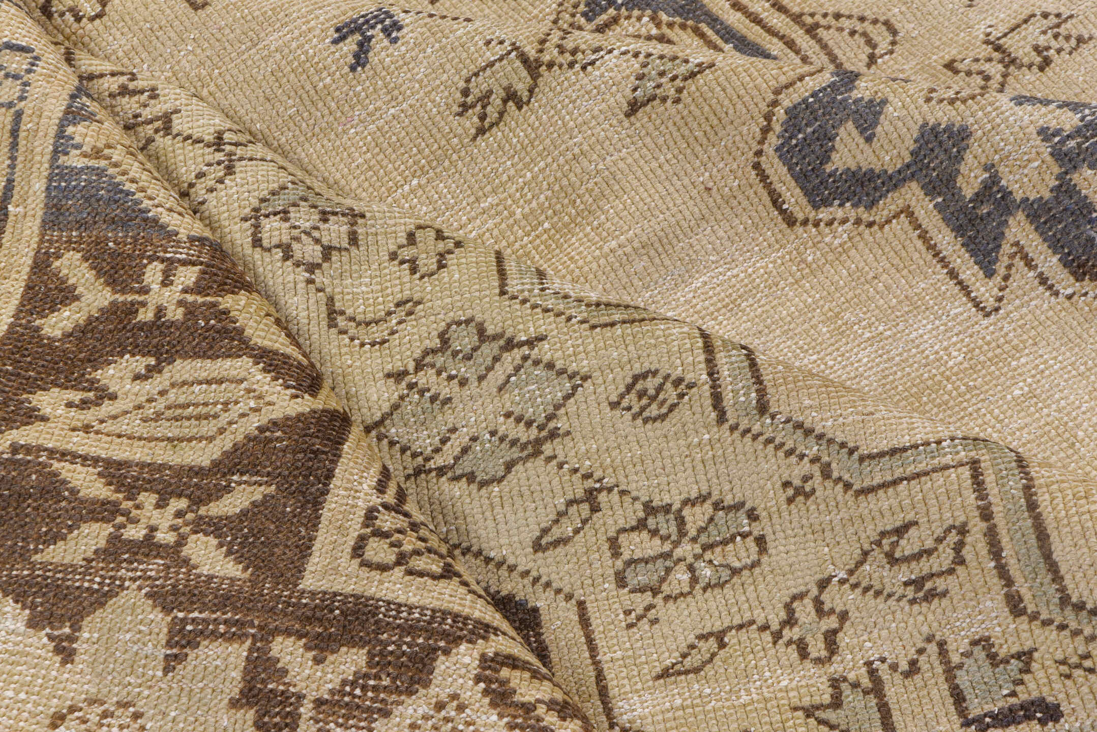 7' x 10' one-of-a-kind handmade vintage Oushak large size rug. Color palette: ivory, taupe, brown, beige, camel, charcoal