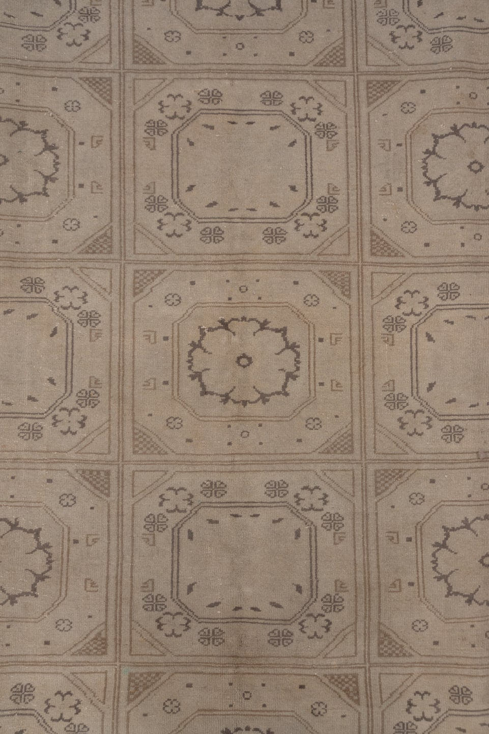 8' x 12' one-of-a-kind handmade vintage Kaisary large size rug. Color palette: beige, taupe, ivory, brown, camel, gray