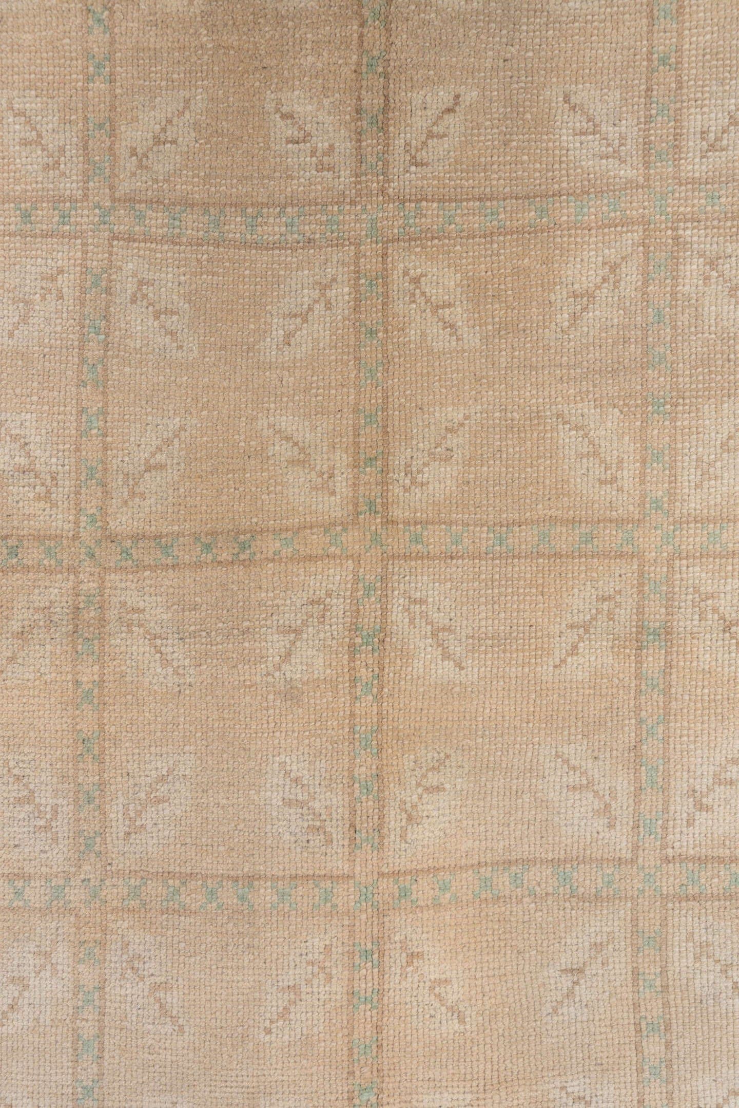 4' x 7' one-of-a-kind handmade vintage Oushak rug. Color palette: beige, taupe, ivory, pale aqua, sand, gray, teal