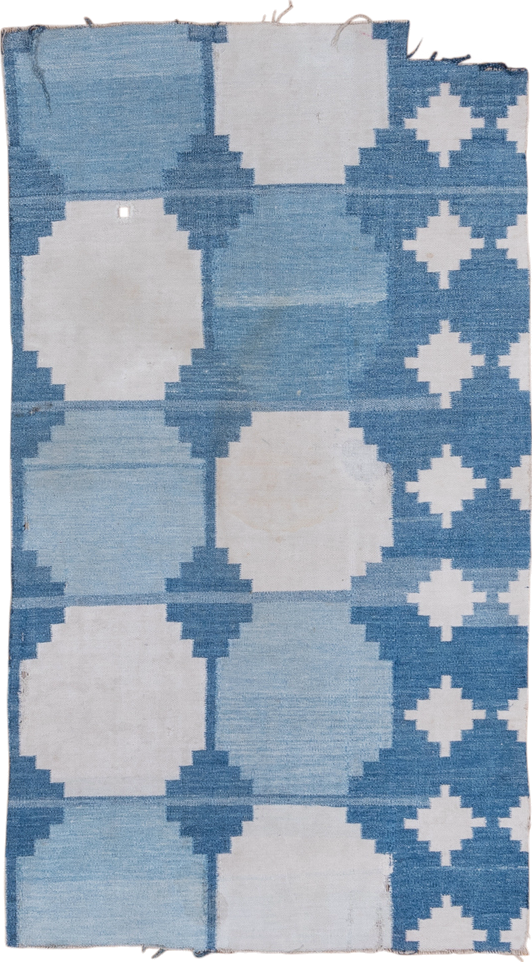 3' x 6' one-of-a-kind handmade vintage Dhurrie small size rug. Color palette: sky blue, ivory, powder blue, denim blue