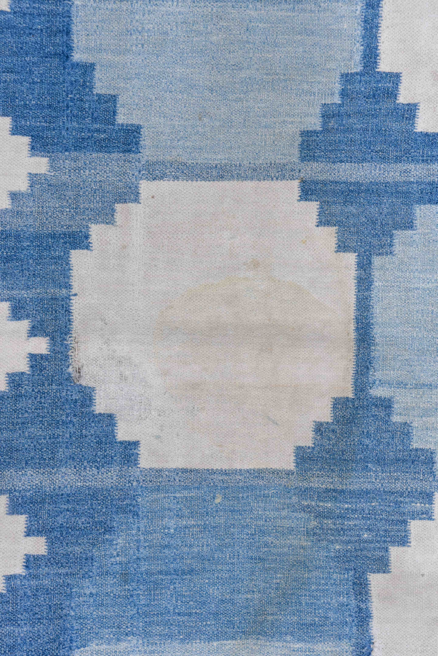 3' x 6' one-of-a-kind handmade vintage Dhurrie small size rug. Color palette: sky blue, ivory, powder blue, denim blue