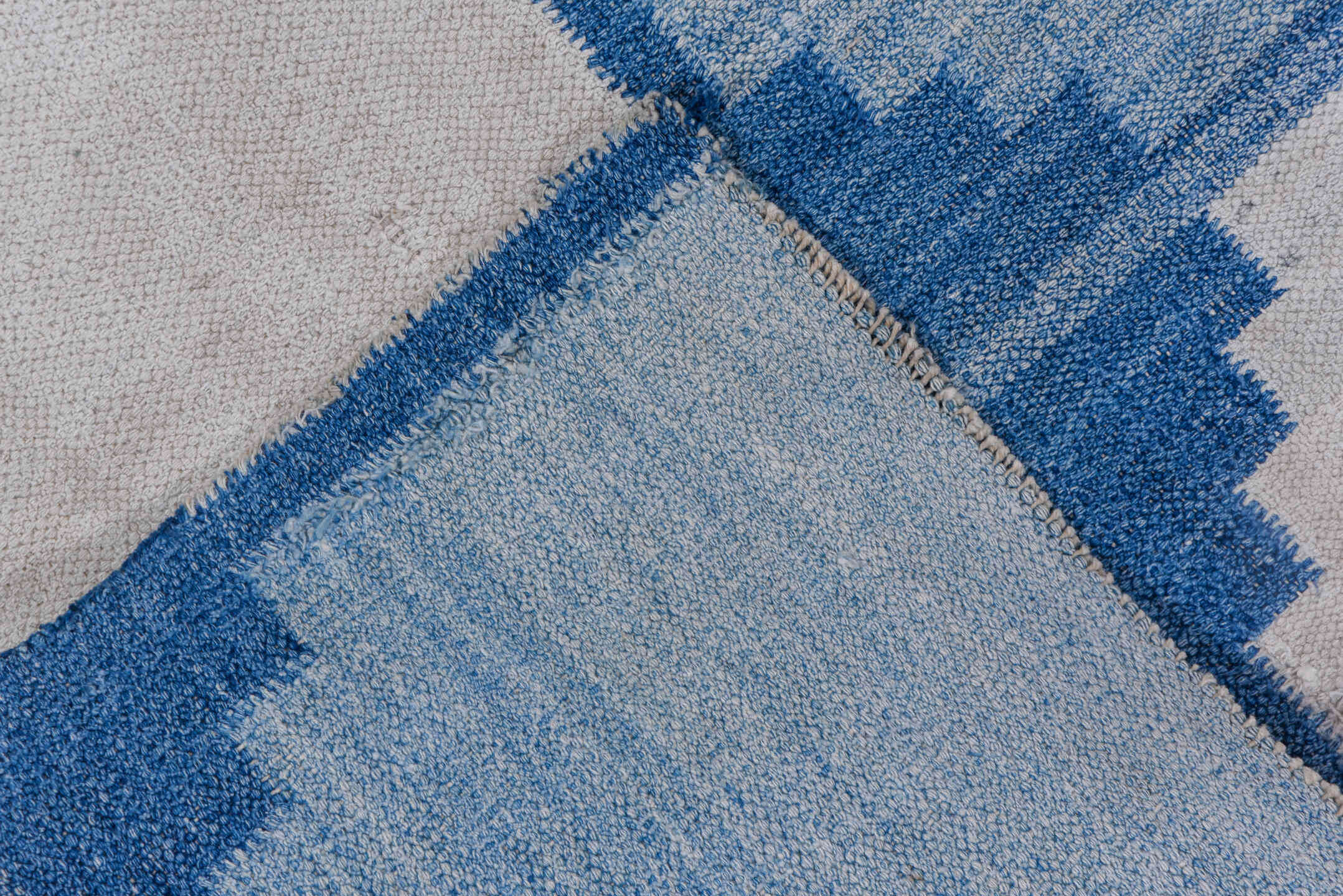 3' x 6' one-of-a-kind handmade vintage Dhurrie small size rug. Color palette: sky blue, ivory, powder blue, denim blue