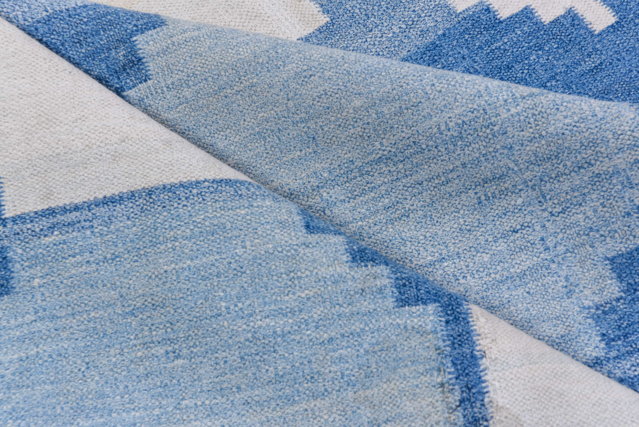 3' x 6' one-of-a-kind handmade vintage Dhurrie small size rug. Color palette: sky blue, ivory, powder blue, denim blue