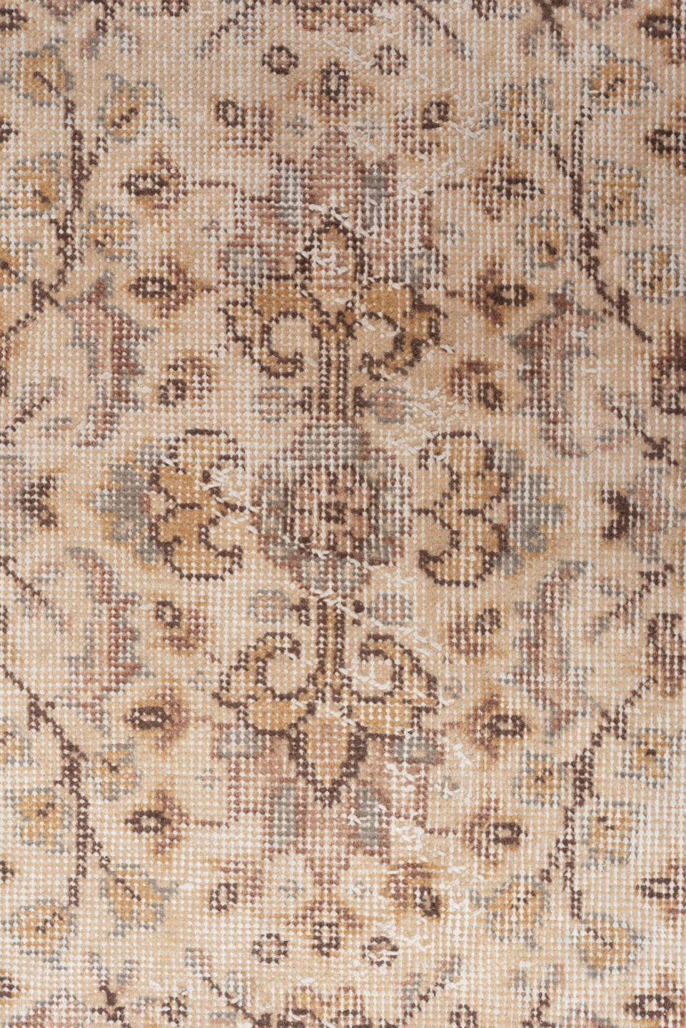 5' x 9' one-of-a-kind handmade vintage Oushak medium size rug. Color palette: ivory, taupe, brown, pale blue, beige, camel