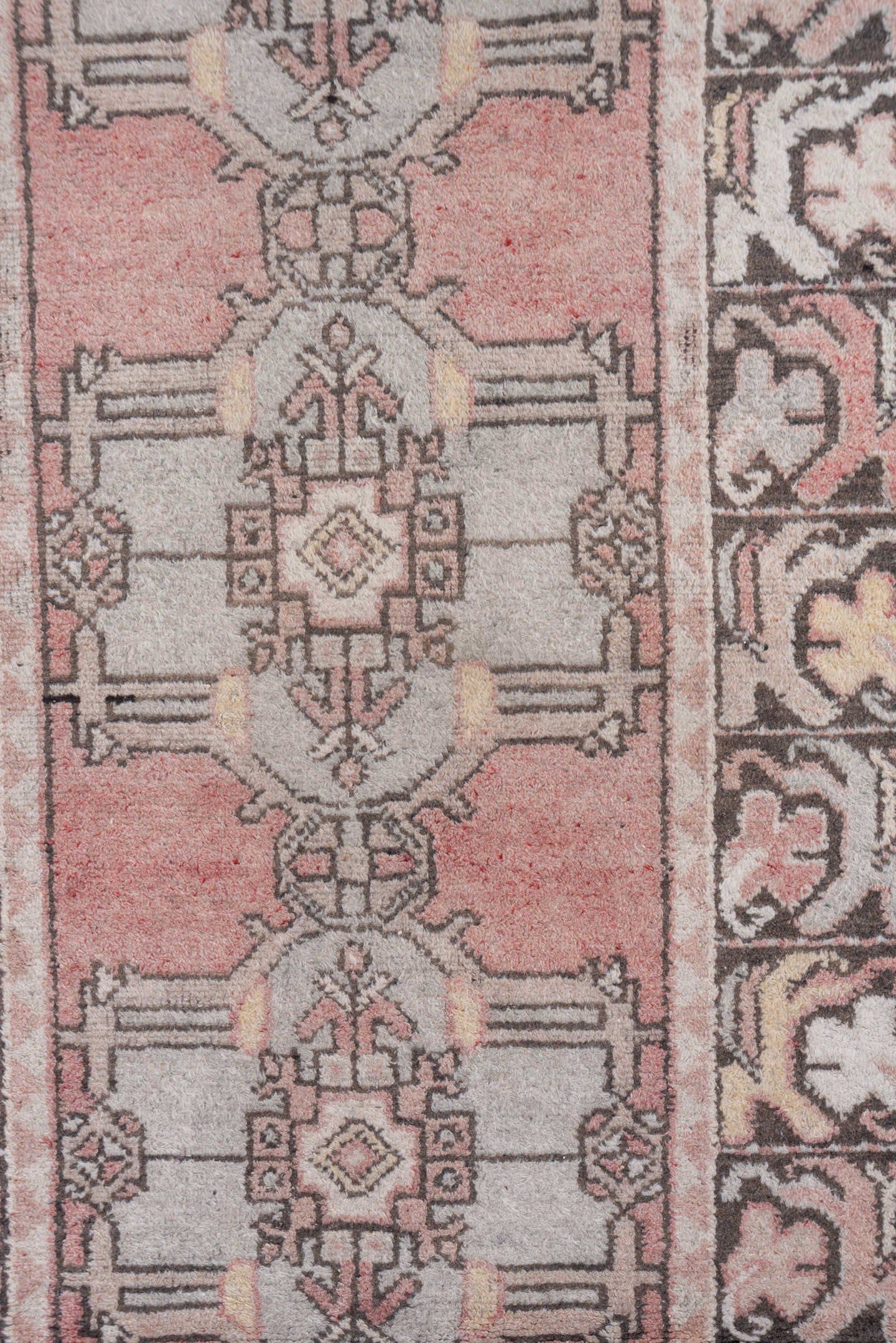 2' x 9' one-of-a-kind handmade vintage Oushak runner rug. Color palette: rose, ivory, charcoal, taupe, dusty blue, camel