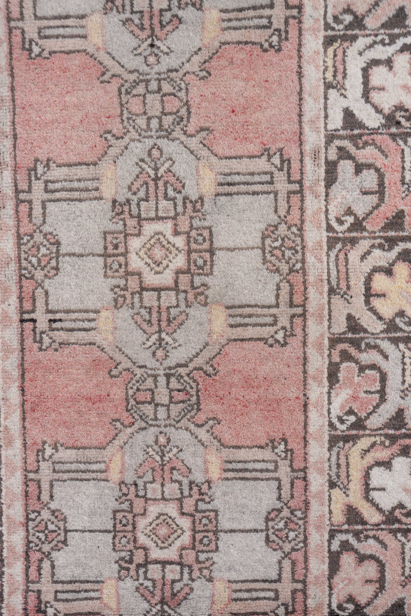 2' x 9' one-of-a-kind handmade vintage Oushak runner rug. Color palette: rose, ivory, charcoal, taupe, dusty blue, camel