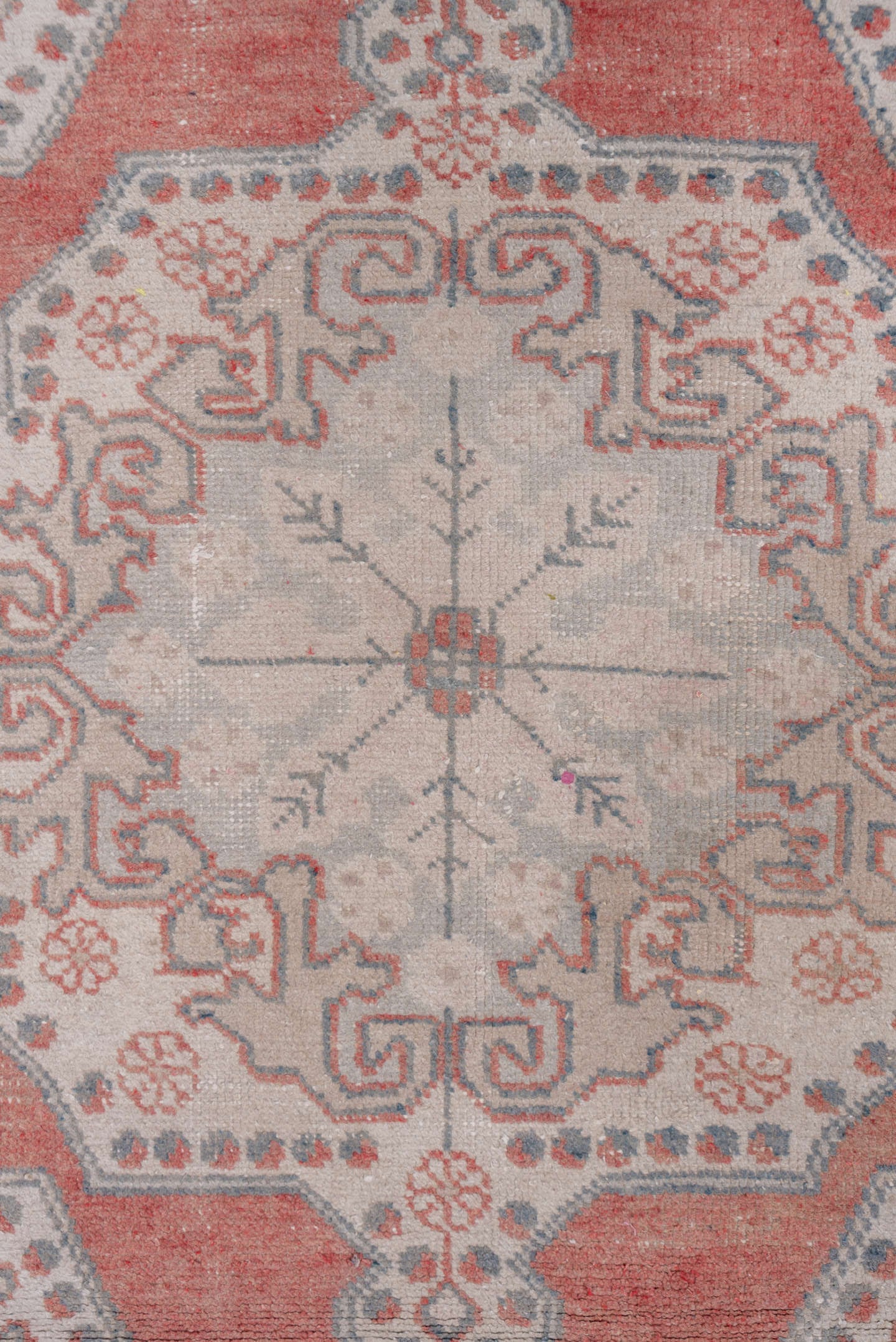 4' x 7' one-of-a-kind handmade vintage Oushak rug. Color palette: ivory, coral, blue_gray, taupe, sage, terracotta, gray
