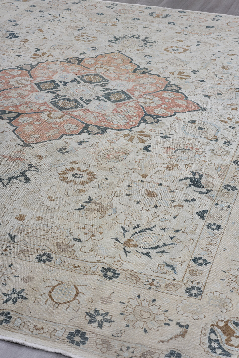 8' x 11' one-of-a-kind handmade antique Tabriz large size rug. Color palette: ivory, beige, blush, camel, slate_blue, taupe