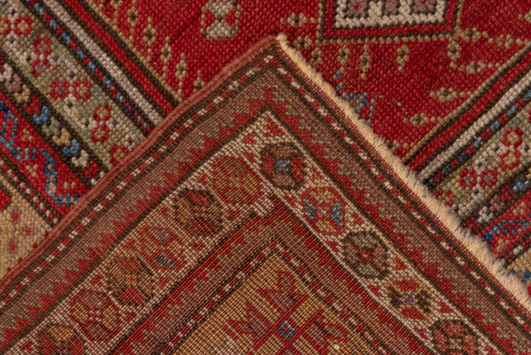 3' x 5' one-of-a-kind handmade vintage Melas small size rug. Color palette: rust, ivory, brick, navy, camel, rose, brown