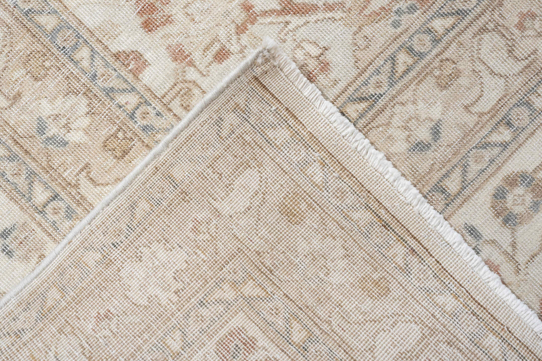 9' x 18' one-of-a-kind handmade antique Tabriz rug. Color palette: ivory, taupe, beige, camel, pale blue, sage, soft gold