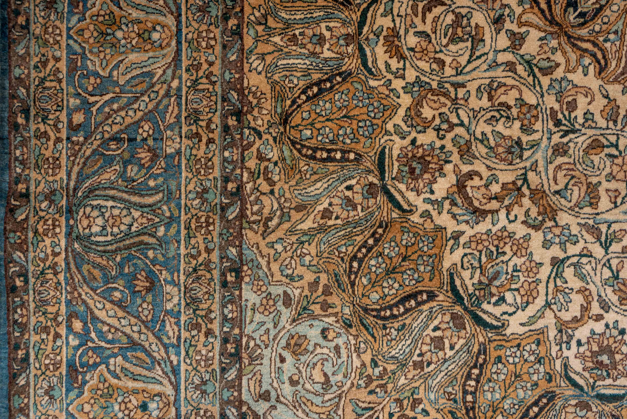 7' x 9' one-of-a-kind handmade vintage Kerman rug. Color palette: ivory, blue, camel, brown, taupe, charcoal, sage, beige