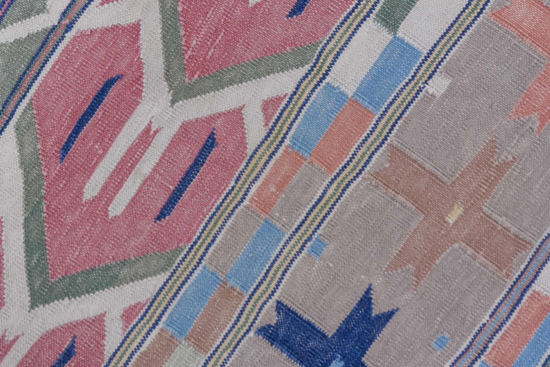 9' x 11' one-of-a-kind handmade antique Dhurrie large size rug. Color palette: sky blue, blush, navy, ivory, sage