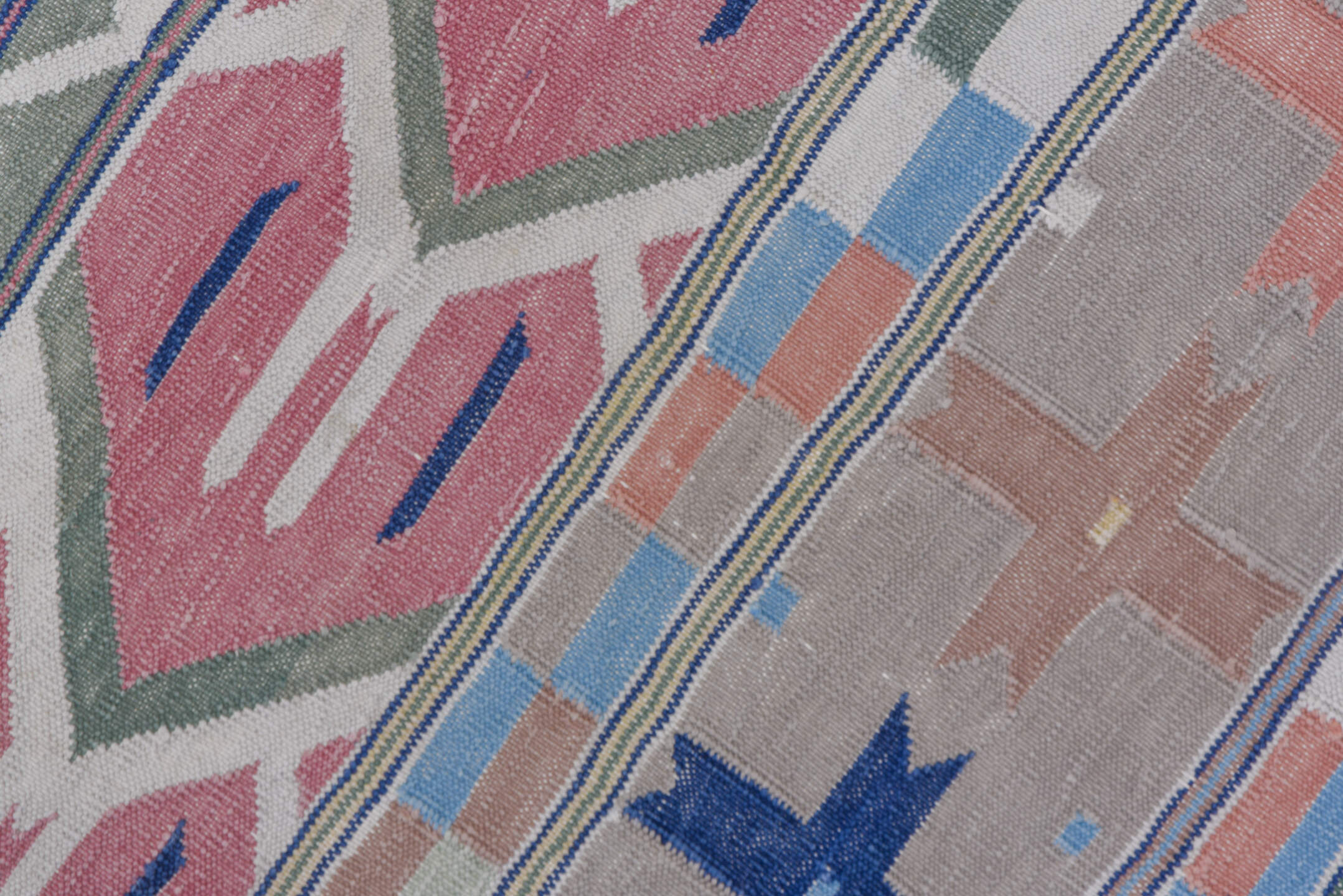 9' x 11' one-of-a-kind handmade antique Dhurrie large size rug. Color palette: sky blue, blush, navy, ivory, sage