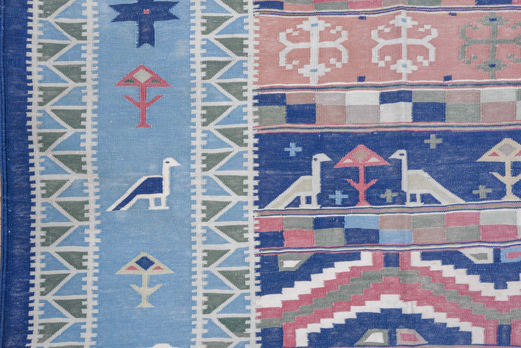 9' x 11' one-of-a-kind handmade antique Dhurrie large size rug. Color palette: sky blue, blush, navy, ivory, sage