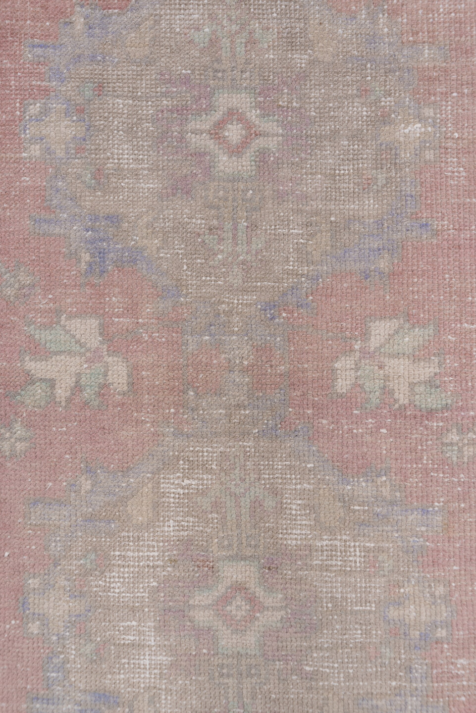 3' x 10' one-of-a-kind handmade vintage Oushak runner rug. Color palette: rose, taupe, ivory, lavender, sage, dusty blue