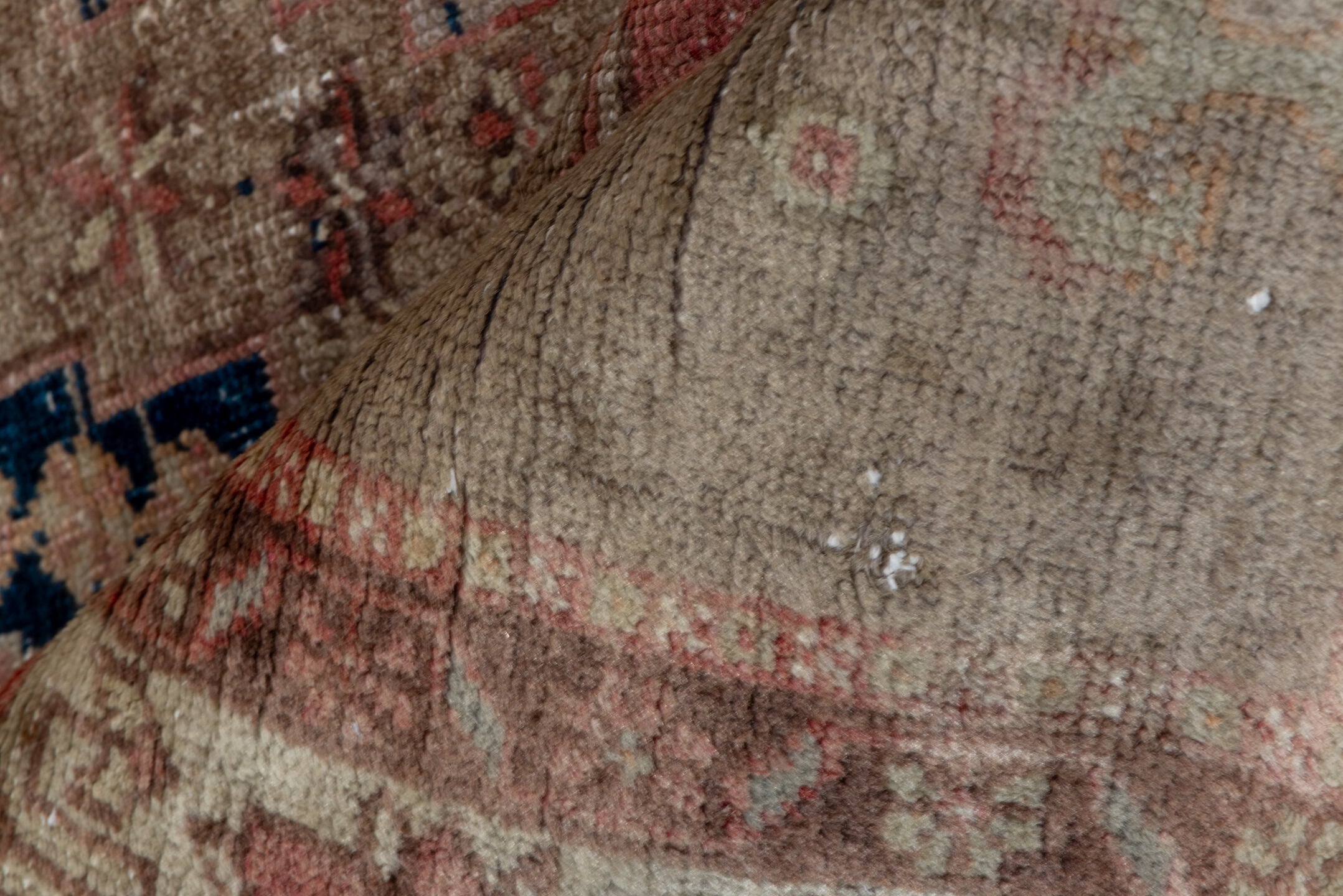 4' x 7' one-of-a-kind handmade vintage Oushak rug. Color palette: rose, ivory, taupe, dusty blue, indigo, terra cotta