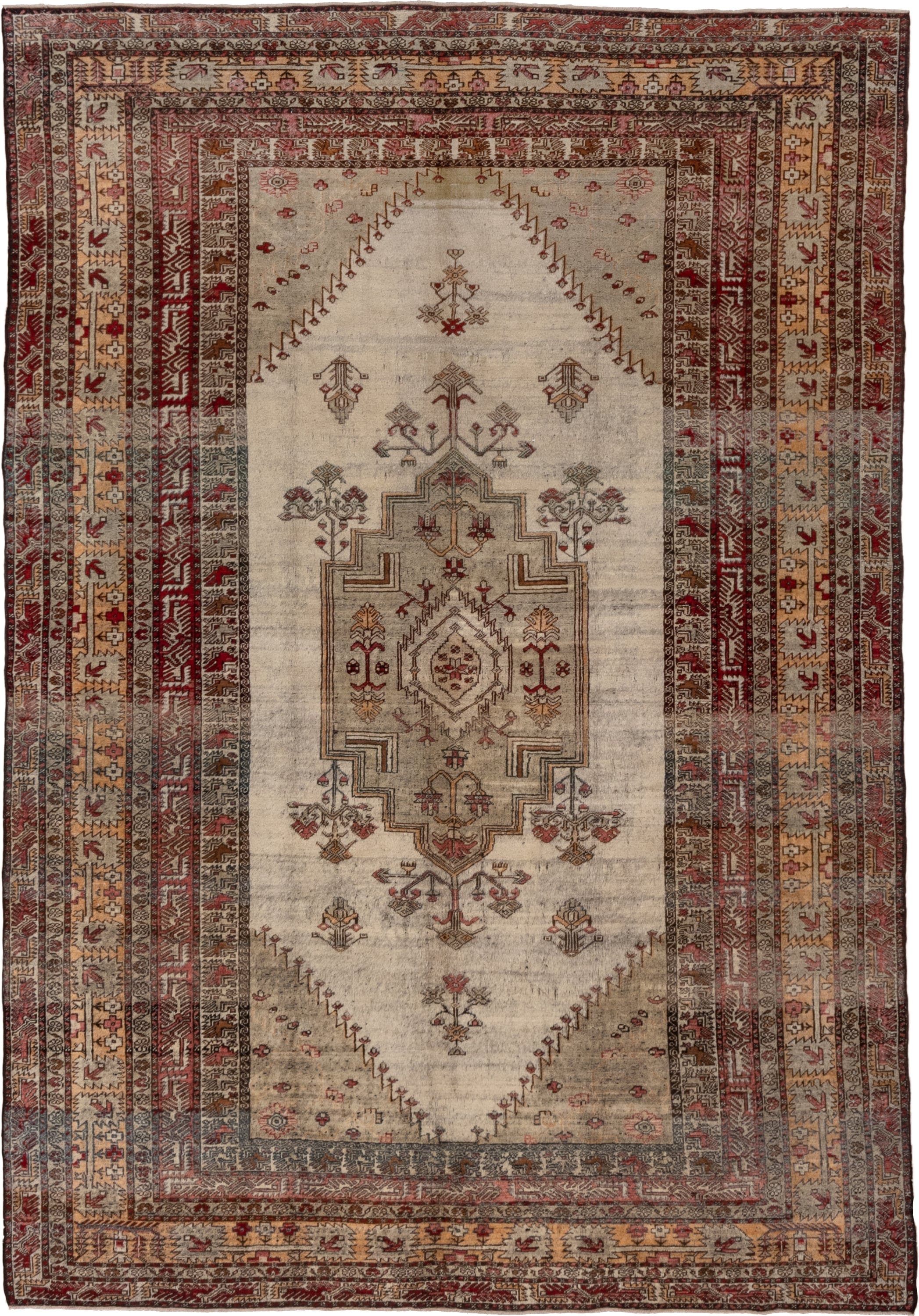 6' x 9' one-of-a-kind handmade vintage Oushak medium size rug. Color palette: ivory, rust, burgundy, taupe, gold, brown