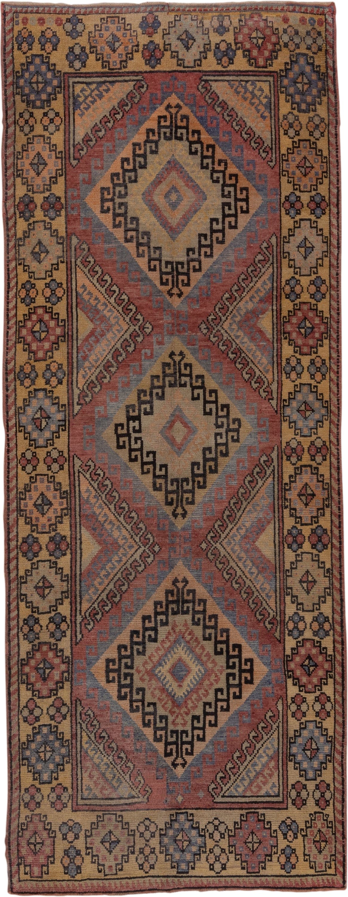 4' x 10' one-of-a-kind handmade vintage Oushak runner rug. Color palette: camel, rust, blue, ivory, charcoal, rose, taupe