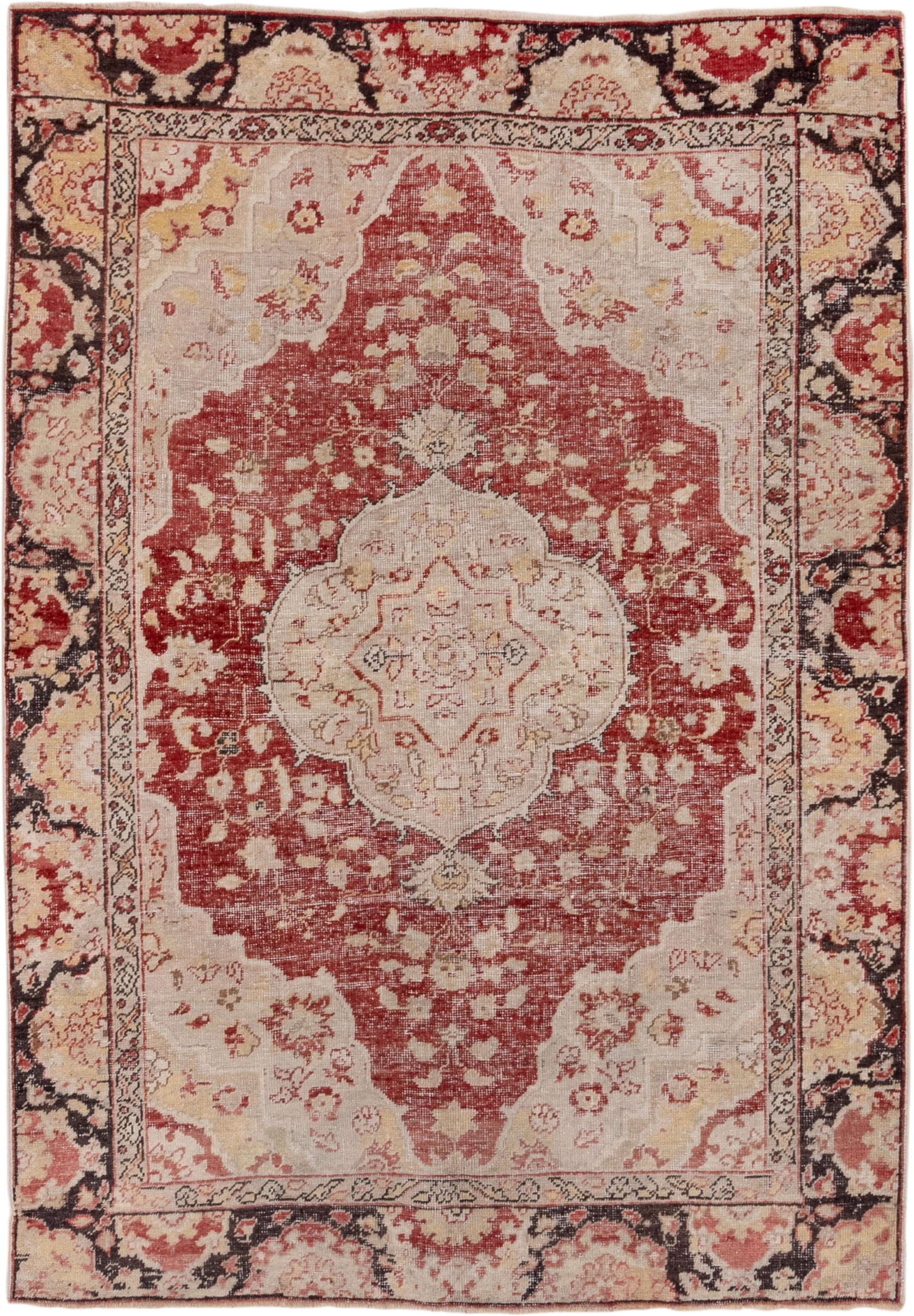 5' x 7' one-of-a-kind handmade vintage Oushak rug. Color palette: ivory, rust, blush, charcoal, cream, rose, terracotta