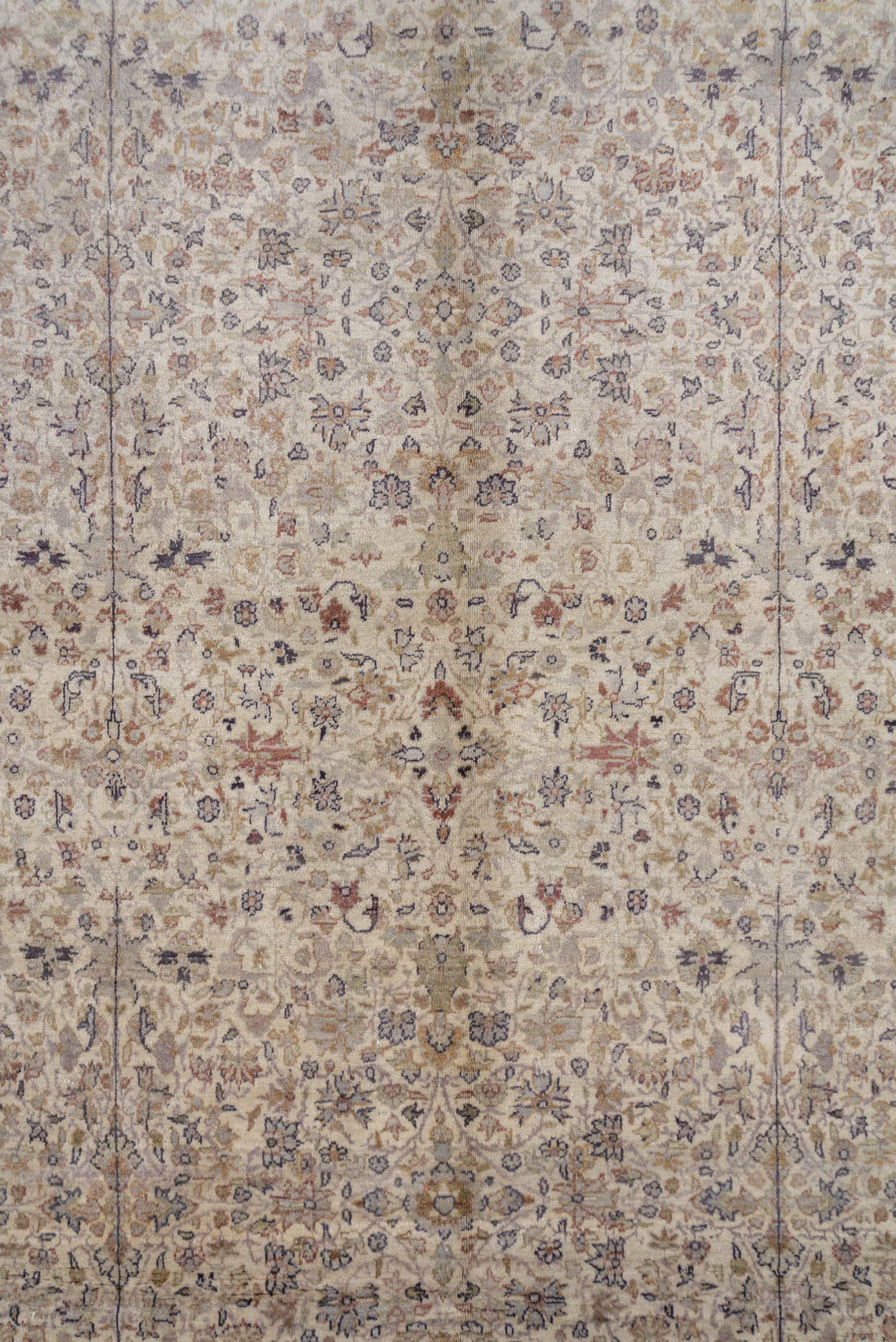 10' x 13' one-of-a-kind handmade vintage large size rug. Color palette: ivory, taupe, beige, soft blue, rose, brown, sage