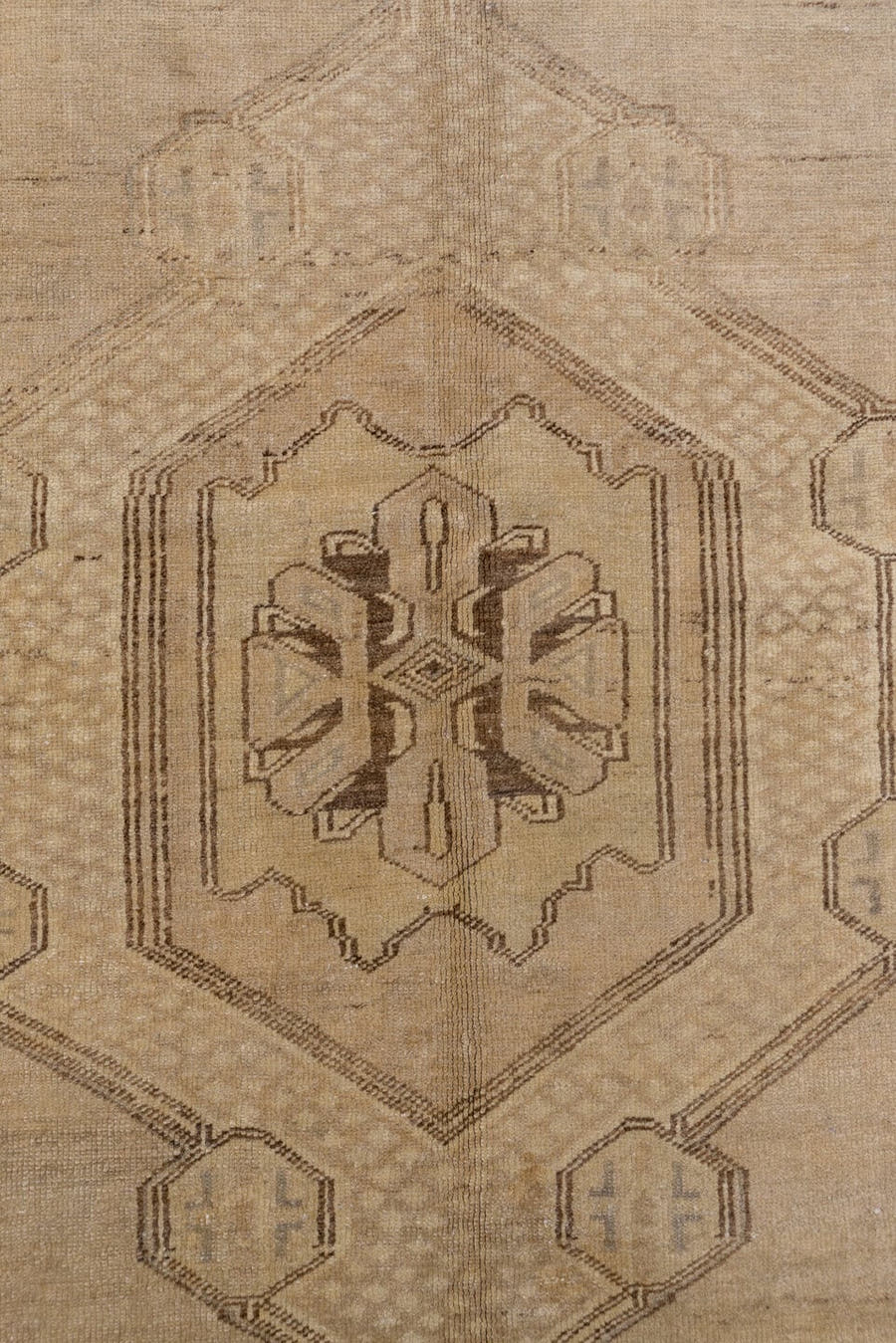 4' x 8' one-of-a-kind handmade vintage Oushak rug. Color palette: taupe, beige, camel, brown, ivory, gray
