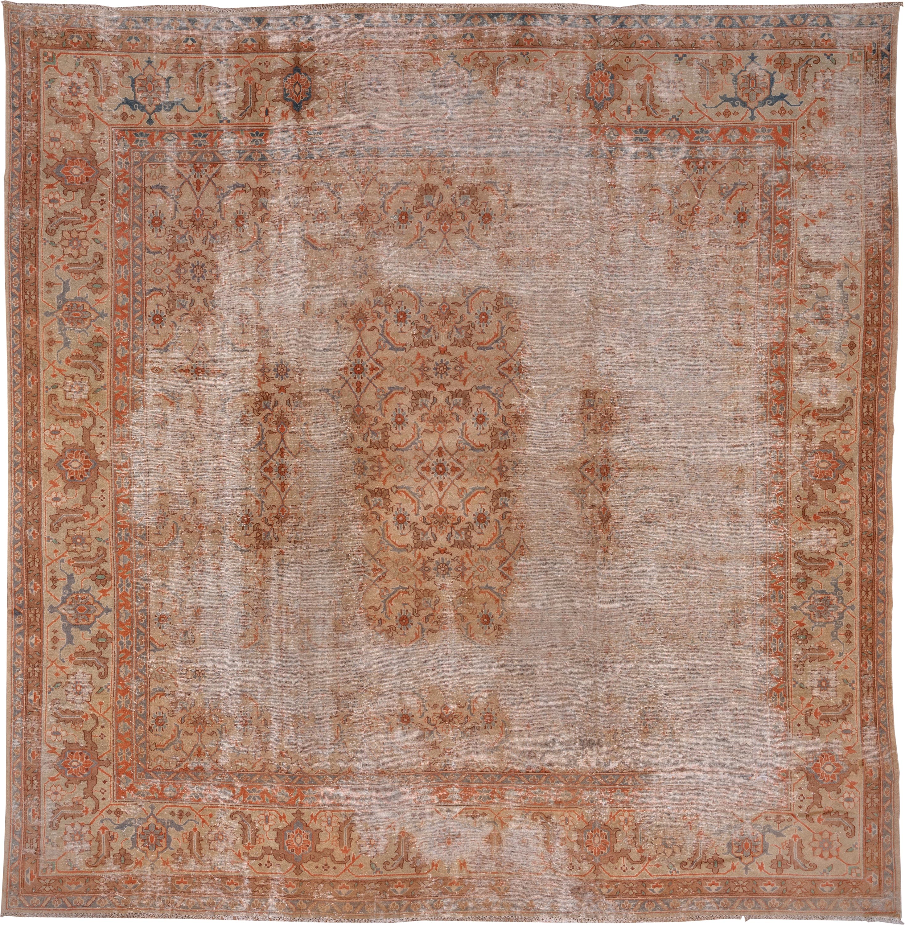 16' x 16' one-of-a-kind handmade vintage Amritzar oversize rug. Color palette: blush, terra cotta, ivory, dusty blue, taupe